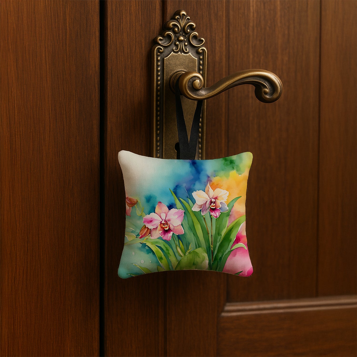 Orchids in Watercolor Hanging Square Fabric Ornament 3.5 × 3.5 Decorative Door-Knob & Tree Hanger, Soft Fabric