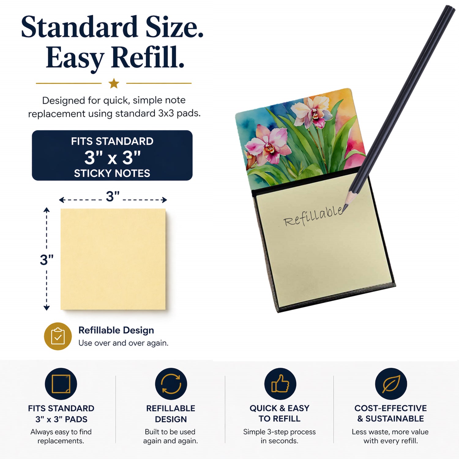 Orchids in Watercolor Watercolor Sticky Note Holder Refillable Dispenser Desk Accessory 3x3 Pad Gift