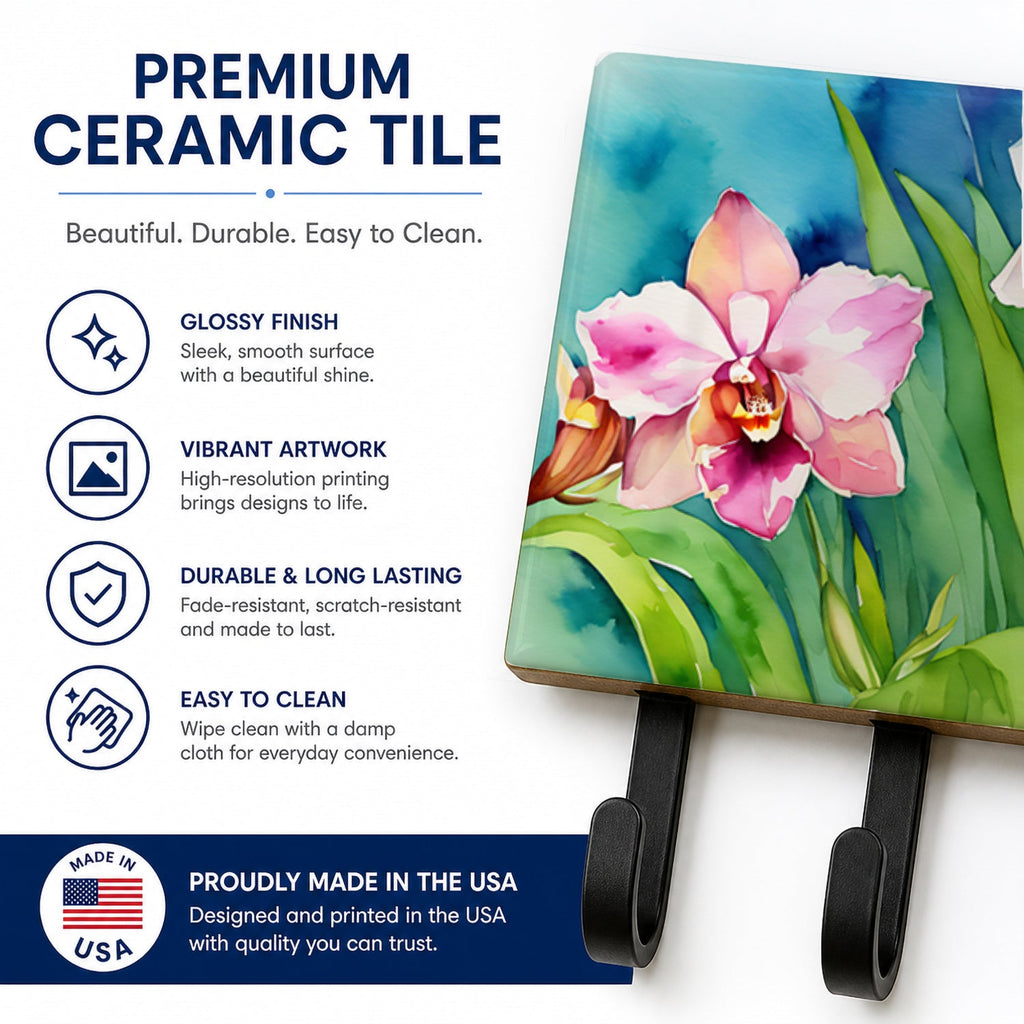 Orchids in Watercolor Leash or Key Holder Wall Hooks, Coat Rack Wall Mount, for Hanging Keys, Towels, Aprons, Leashes