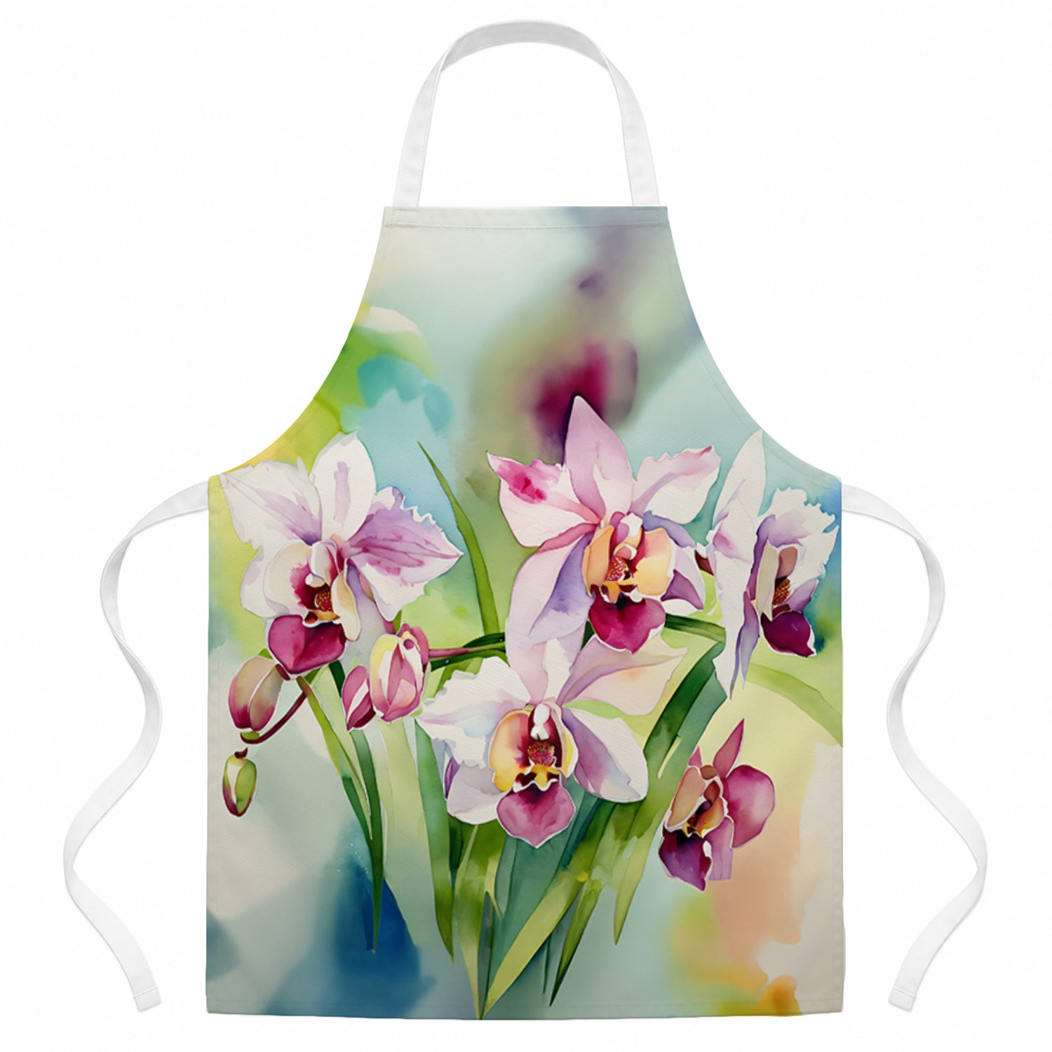 Orchids in Watercolor Apron Cooking Kitchen Server Baking Crafts Gardening for Adult Women Men, Unisex, Large, Multicolor
