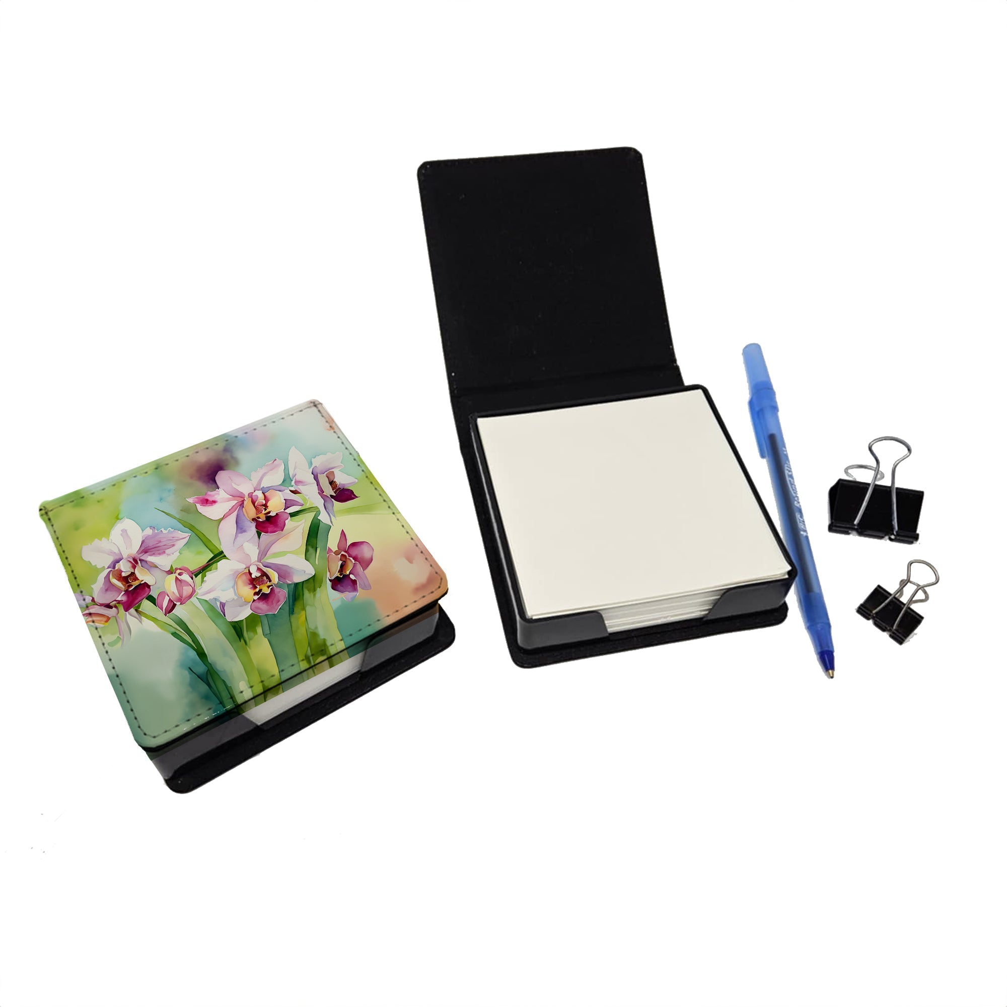 Orchids in Watercolor PU Leather Note Paper Holder with Artist-Designed Cover, Desk Accessory, Office Gift