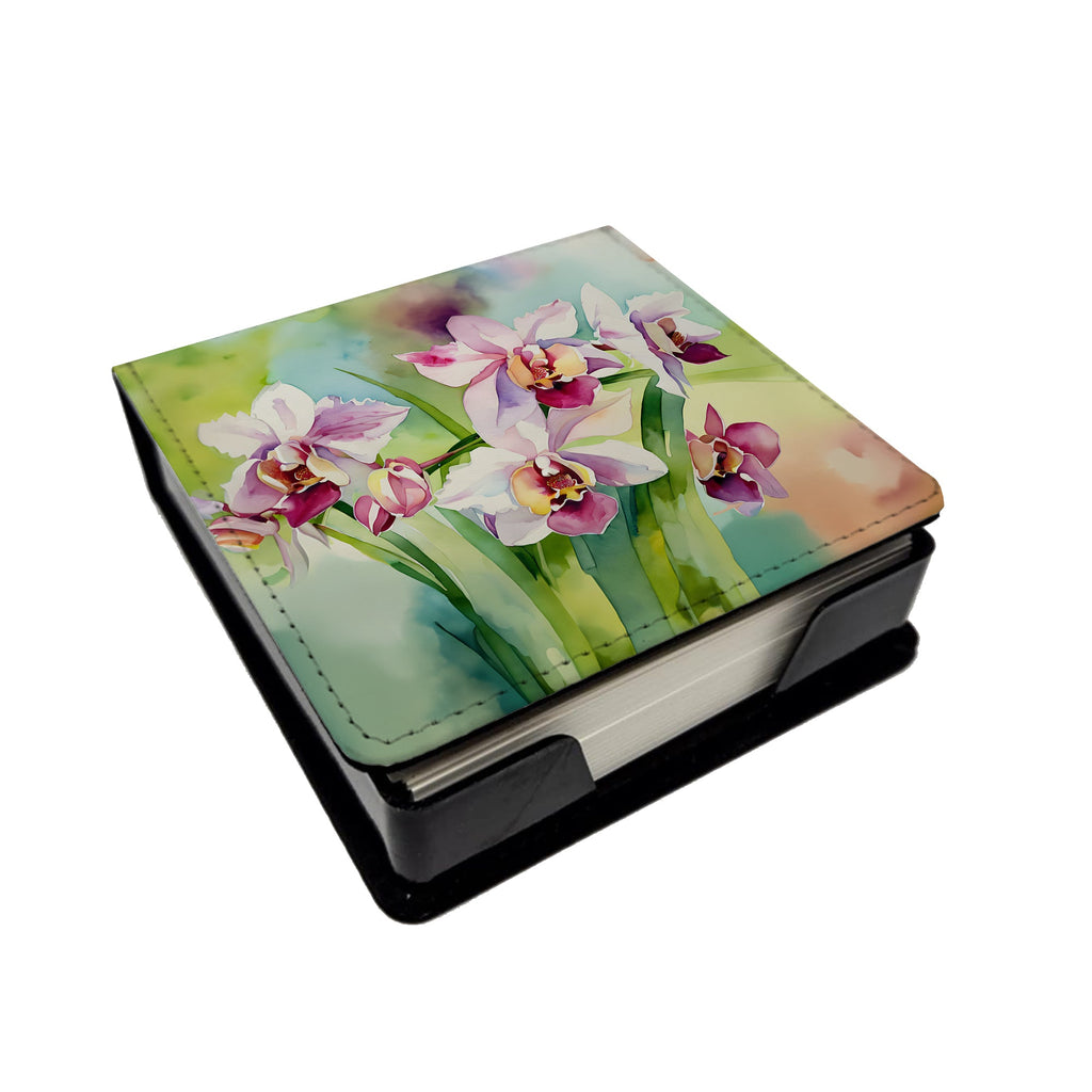 Orchids in Watercolor PU Leather Note Paper Holder with Artist-Designed Cover, Desk Accessory, Office Gift