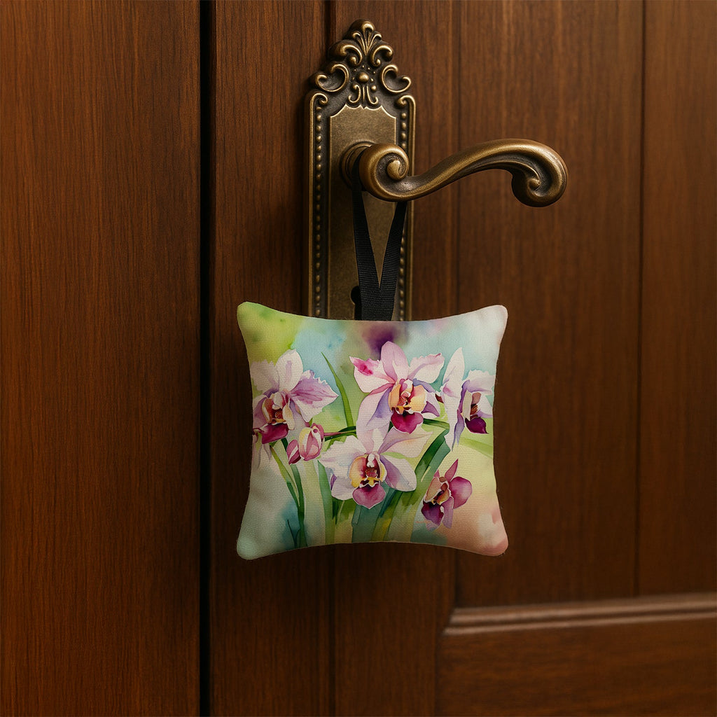 Orchids in Watercolor Hanging Square Fabric Ornament 3.5 × 3.5 Decorative Door-Knob & Tree Hanger, Soft Fabric