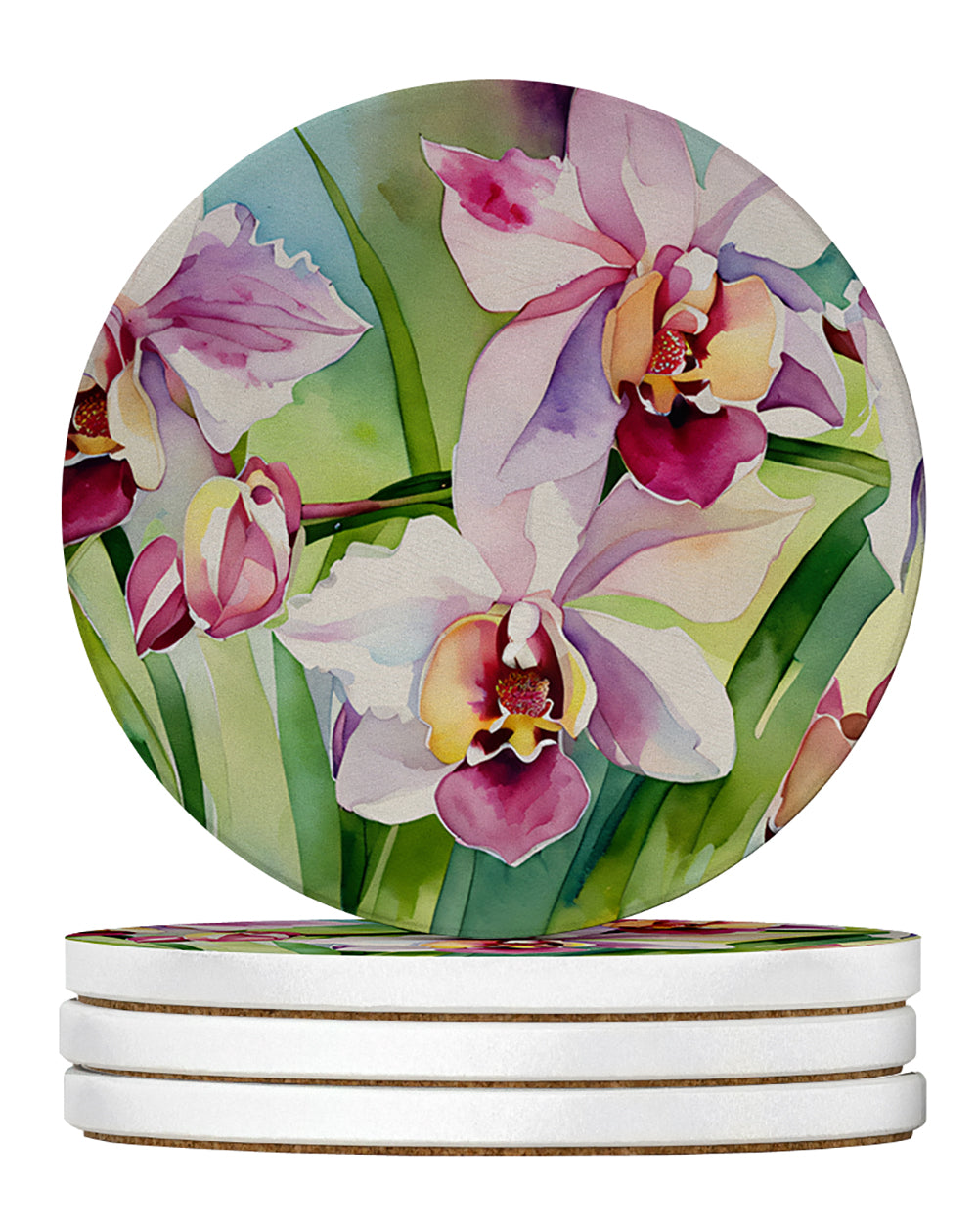 Orchids in Watercolor Large Sandstone Coasters Pack of 4 Absorbent Round Coasters Decor Gifts for Men or Women, 4 in, Multicolor