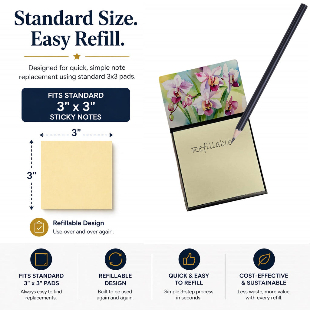 Orchids in Watercolor Watercolor Sticky Note Holder Refillable Dispenser Desk Accessory 3x3 Pad Gift