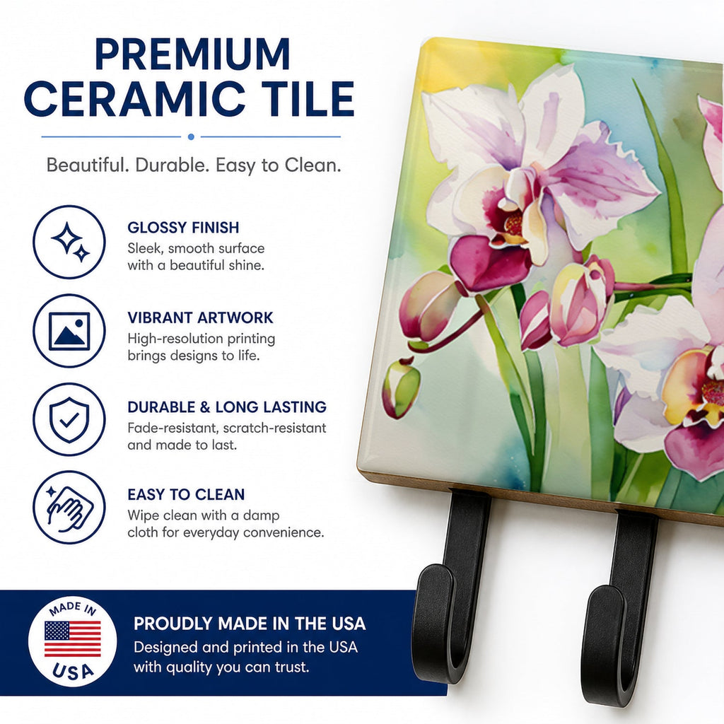 Orchids in Watercolor Leash or Key Holder Wall Hooks, Coat Rack Wall Mount, for Hanging Keys, Towels, Aprons, Leashes