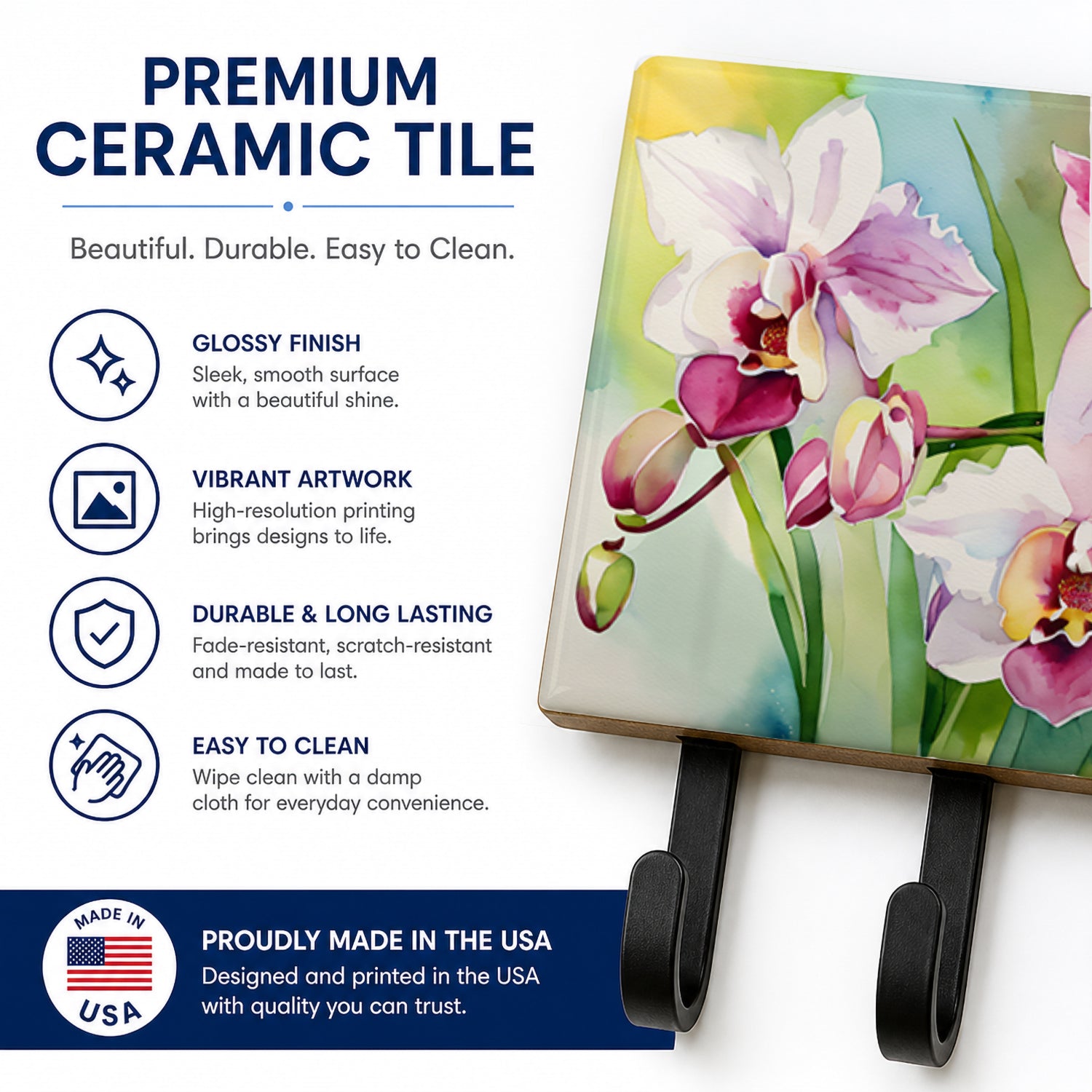 Orchids in Watercolor Leash or Key Holder Wall Hooks, Coat Rack Wall Mount, for Hanging Keys, Towels, Aprons, Leashes
