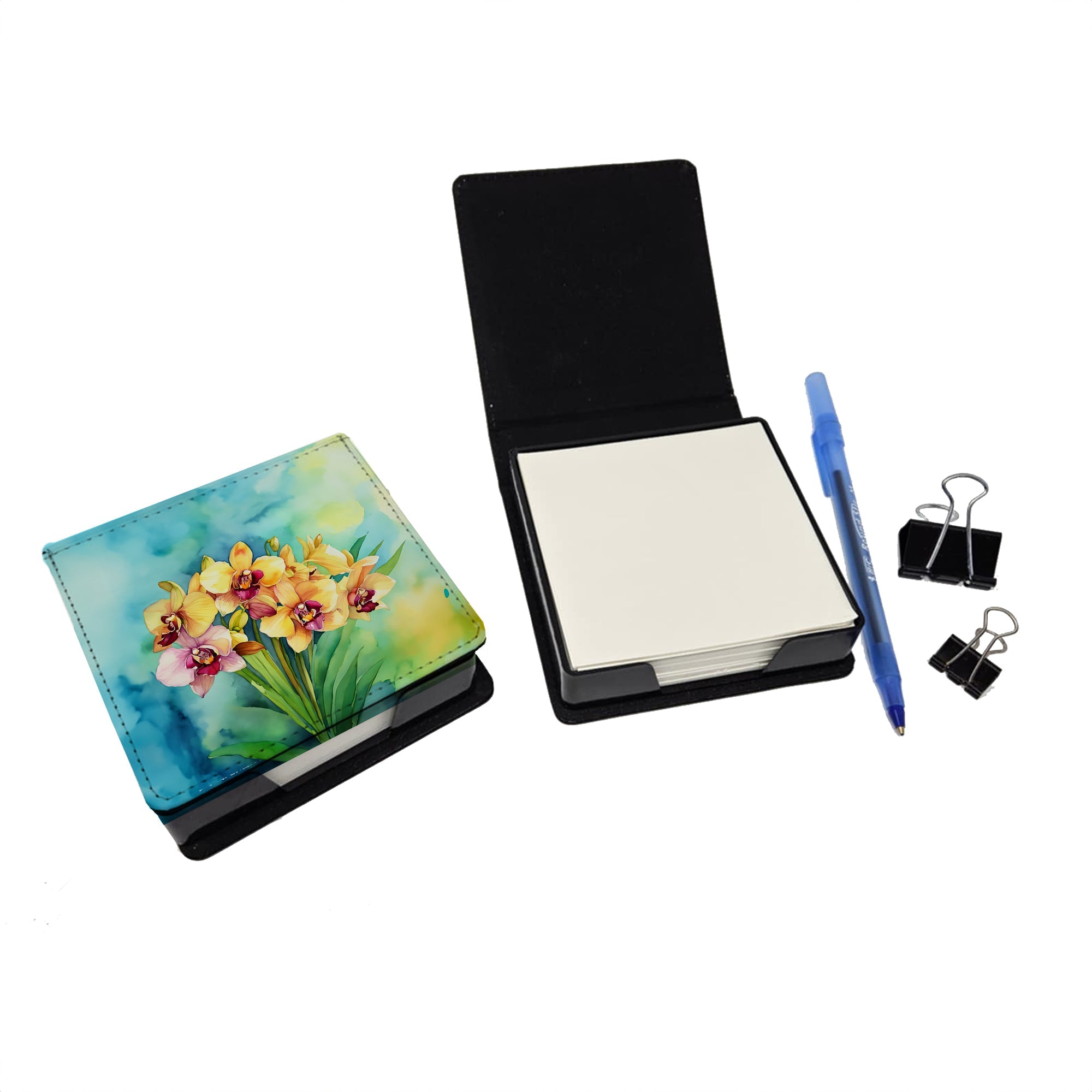 Orchids in Watercolor PU Leather Note Paper Holder with Artist-Designed Cover, Desk Accessory, Office Gift