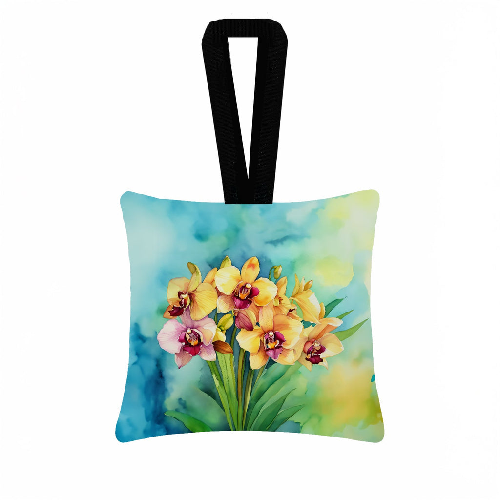 Orchids in Watercolor Hanging Square Fabric Ornament 3.5 × 3.5 Decorative Door-Knob & Tree Hanger, Soft Fabric