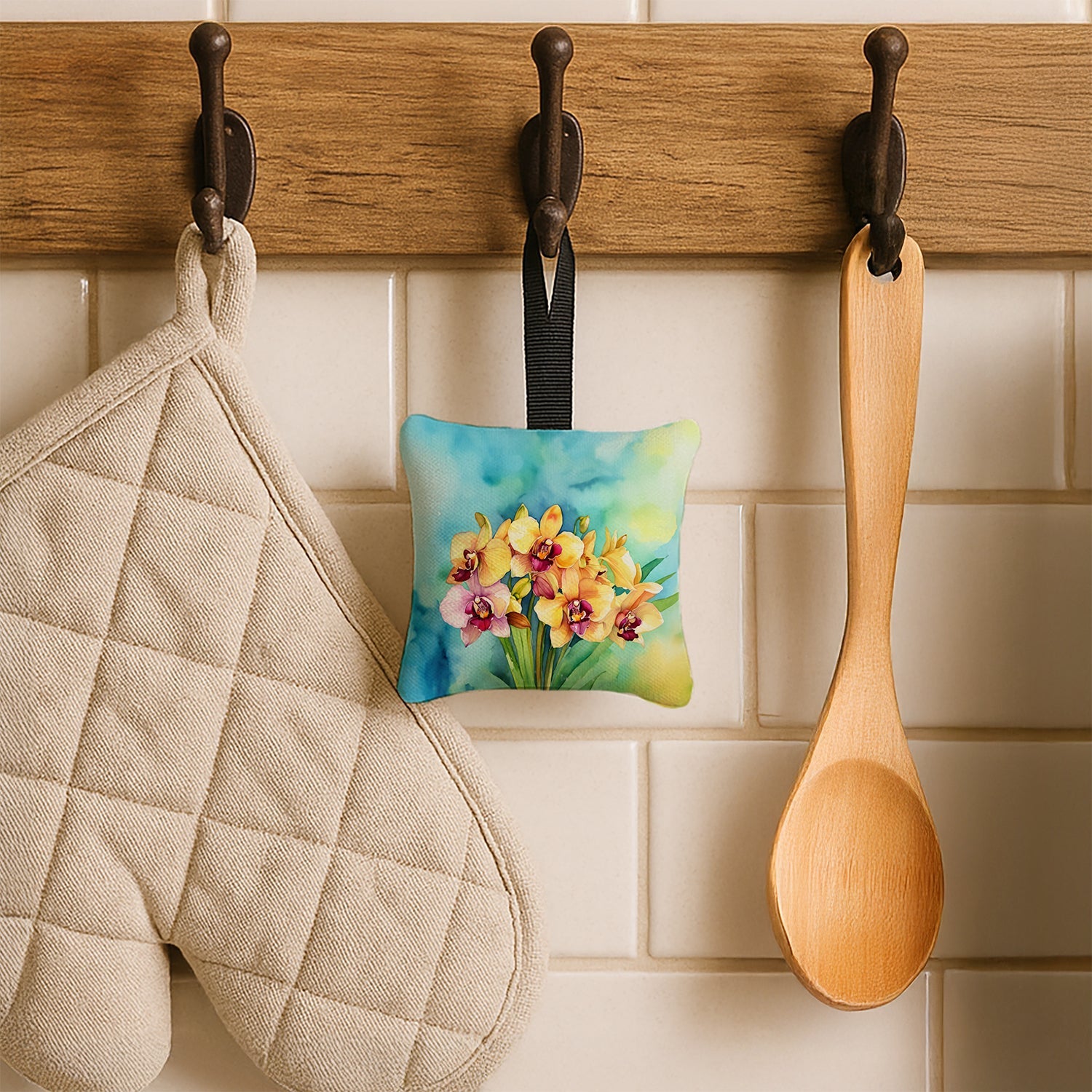 Orchids in Watercolor Hanging Square Fabric Ornament 3.5 × 3.5 Decorative Door-Knob & Tree Hanger, Soft Fabric