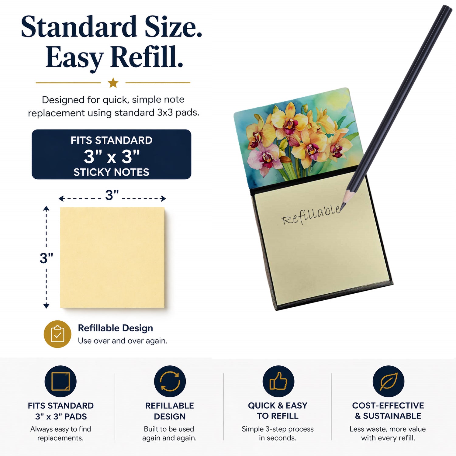 Orchids in Watercolor Watercolor Sticky Note Holder Refillable Dispenser Desk Accessory 3x3 Pad Gift