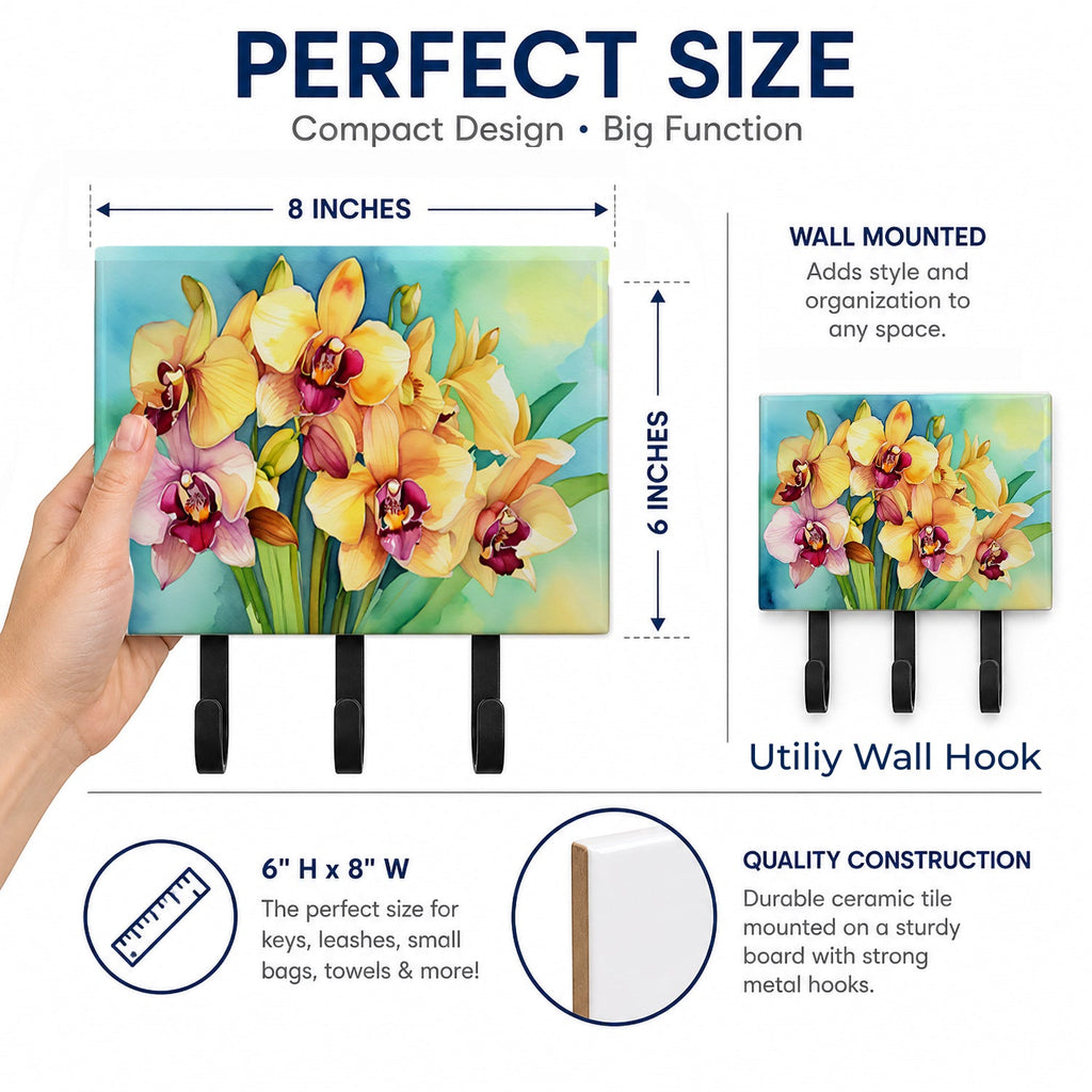 Orchids in Watercolor Leash or Key Holder Wall Hooks, Coat Rack Wall Mount, for Hanging Keys, Towels, Aprons, Leashes