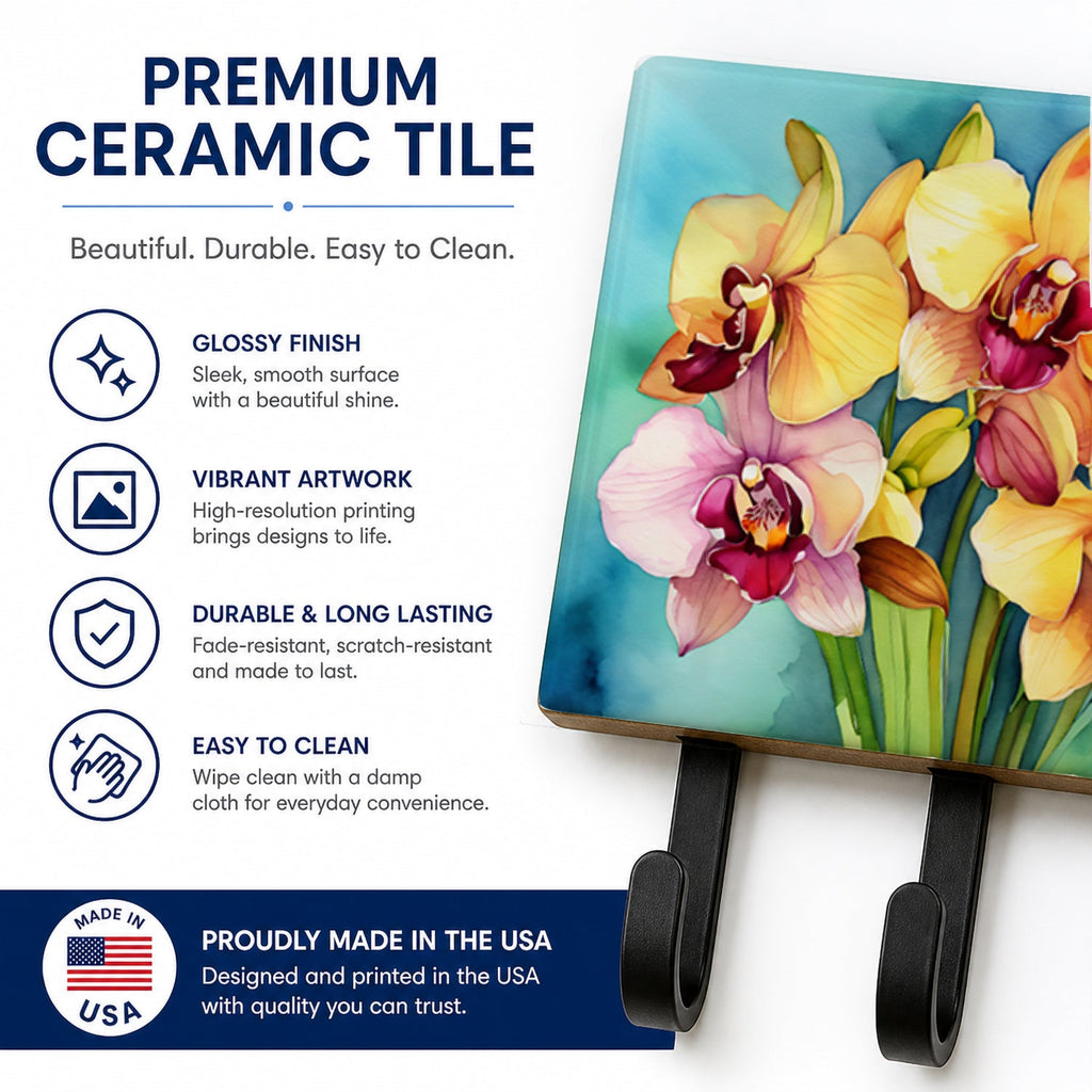 Orchids in Watercolor Leash or Key Holder Wall Hooks, Coat Rack Wall Mount, for Hanging Keys, Towels, Aprons, Leashes