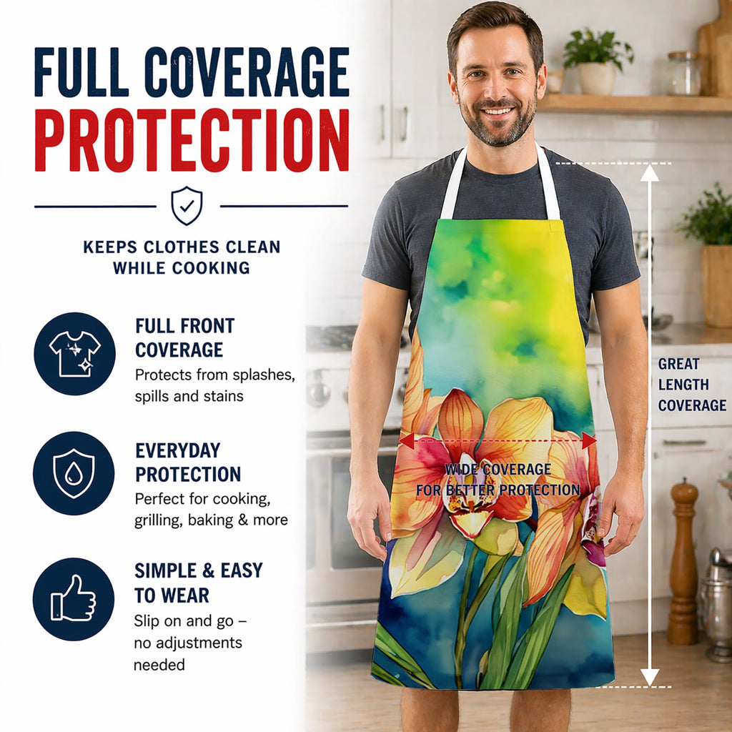 Orchids in Watercolor Apron Cooking Kitchen Server Baking Crafts Gardening for Adult Women Men, Unisex, Large, Multicolor