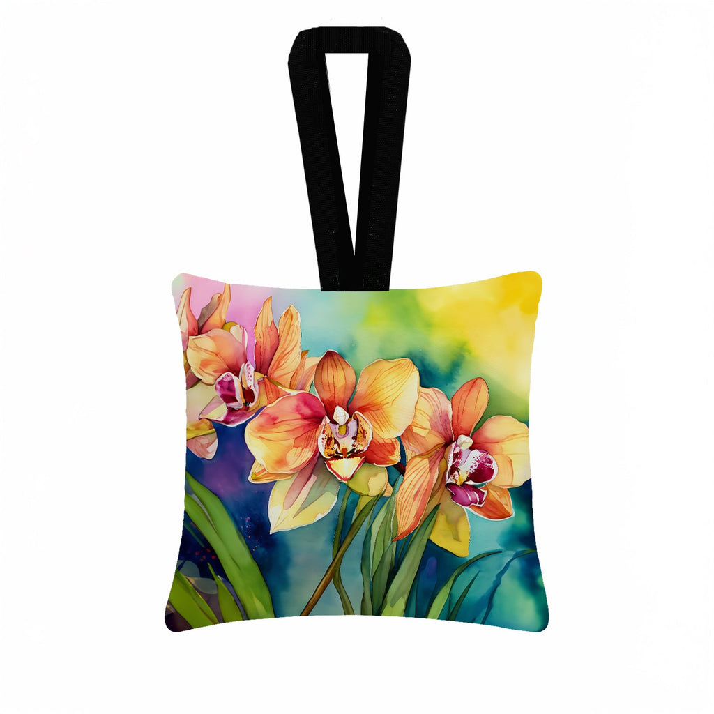Orchids in Watercolor Hanging Square Fabric Ornament 3.5 × 3.5 Decorative Door-Knob & Tree Hanger, Soft Fabric