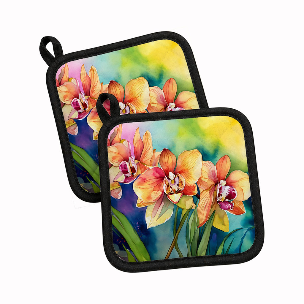 Orchids in Watercolor Pot Holder Set of 2 Heat Resistant Quilted Hot Pads 7.5 x 7.5 Inch, Insulated Kitchen Trivets for Cooking & Baking