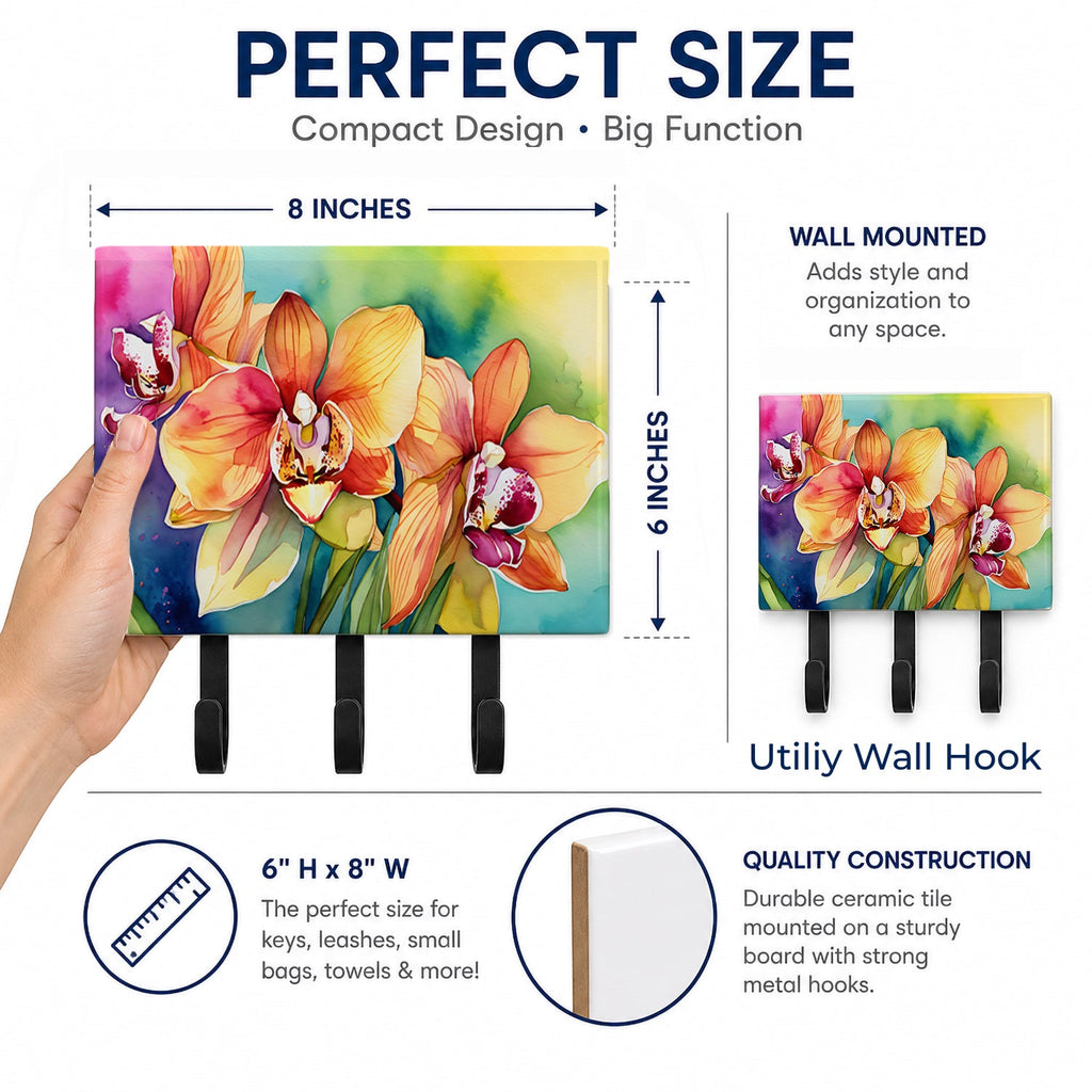 Orchids in Watercolor Leash or Key Holder Wall Hooks, Coat Rack Wall Mount, for Hanging Keys, Towels, Aprons, Leashes