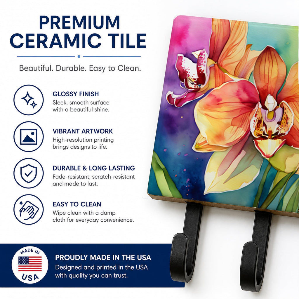 Orchids in Watercolor Leash or Key Holder Wall Hooks, Coat Rack Wall Mount, for Hanging Keys, Towels, Aprons, Leashes