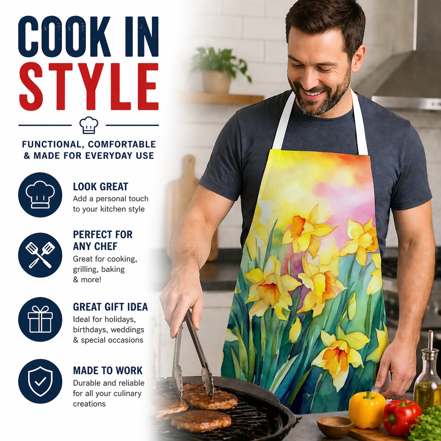 Daffodils in Watercolor Apron Cooking Kitchen Server Baking Crafts Gardening for Adult Women Men, Unisex, Large, Multicolor