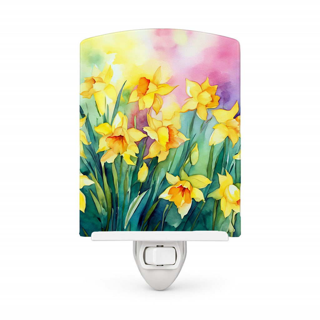 Daffodils in Watercolor Ceramic Night Light Compact, UL-Certified, Ideal for Bedroom, Bathroom, Nursery, Hallway, Kitchen, 6x4x3, Multicolor