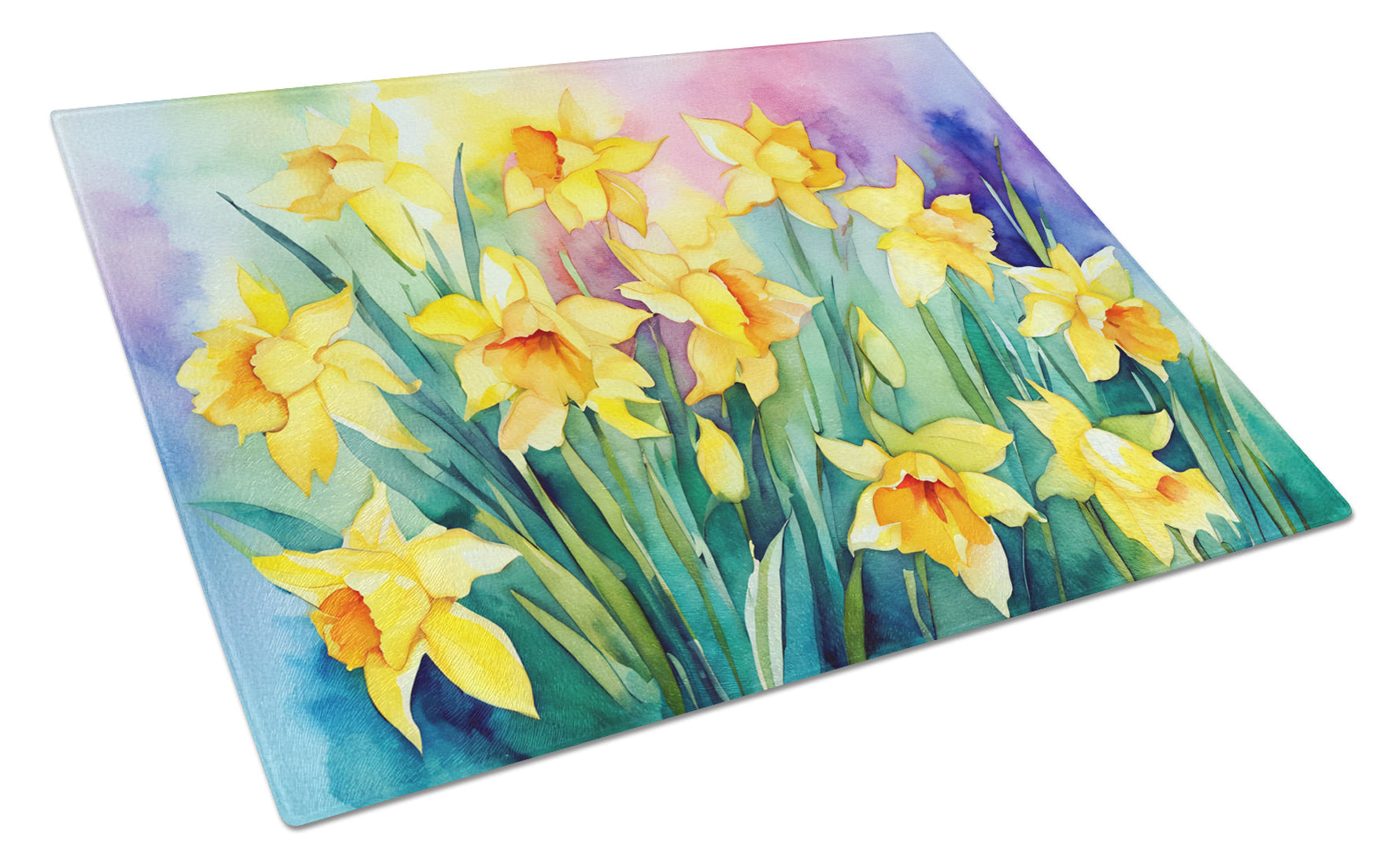 Daffodils in Watercolor Cutting Board Tempered Glass Kitchen Cutting Surface, Heat Resistant Chopping, Non-Slip Feet, Food Prep & Serving