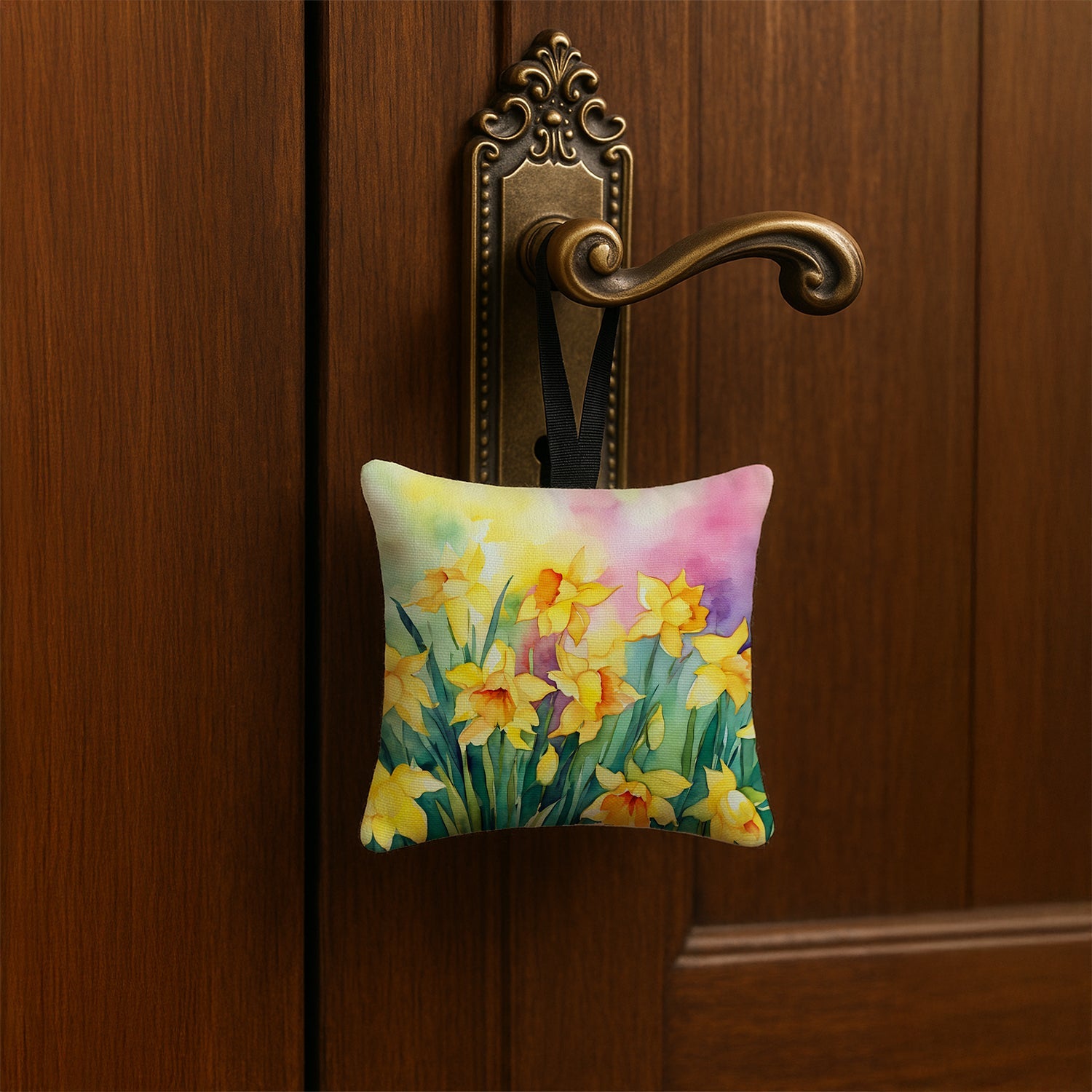 Daffodils in Watercolor Hanging Square Fabric Ornament 3.5 × 3.5 Decorative Door-Knob & Tree Hanger, Soft Fabric