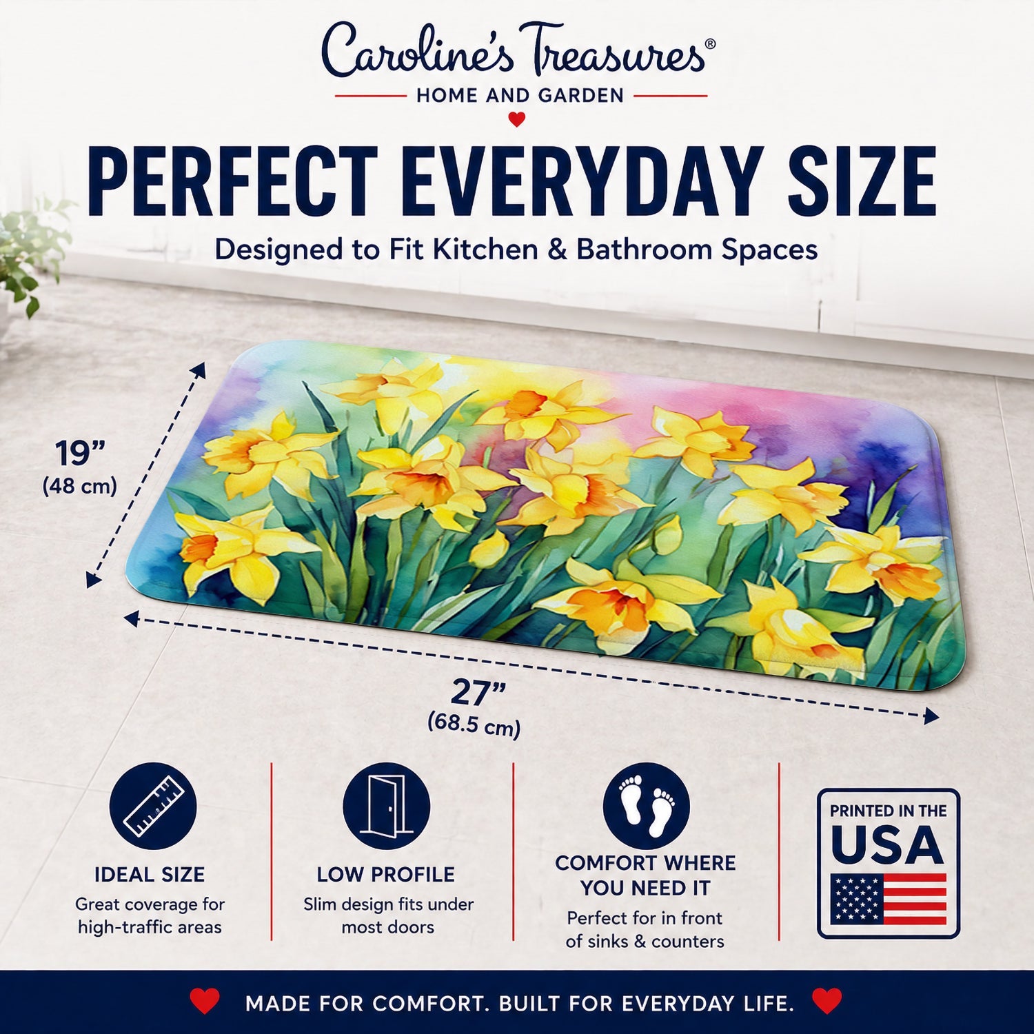Daffodils in Watercolor Memory Foam Kitchen Mat Machine Washable Anti-Fatigue Cushion Comfort Bath or Kitchen Rug