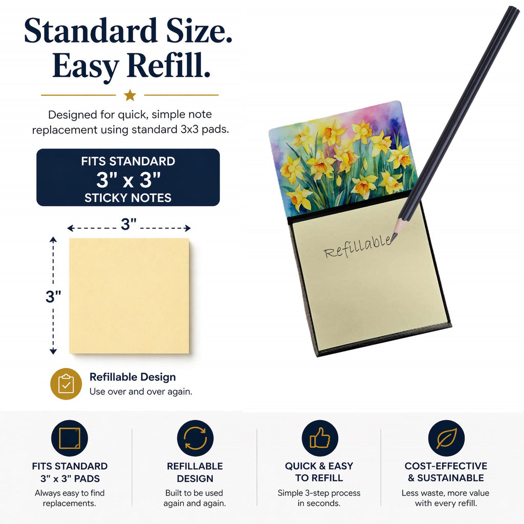 Daffodils in Watercolor Watercolor Sticky Note Holder Refillable Dispenser Desk Accessory 3x3 Pad Gift