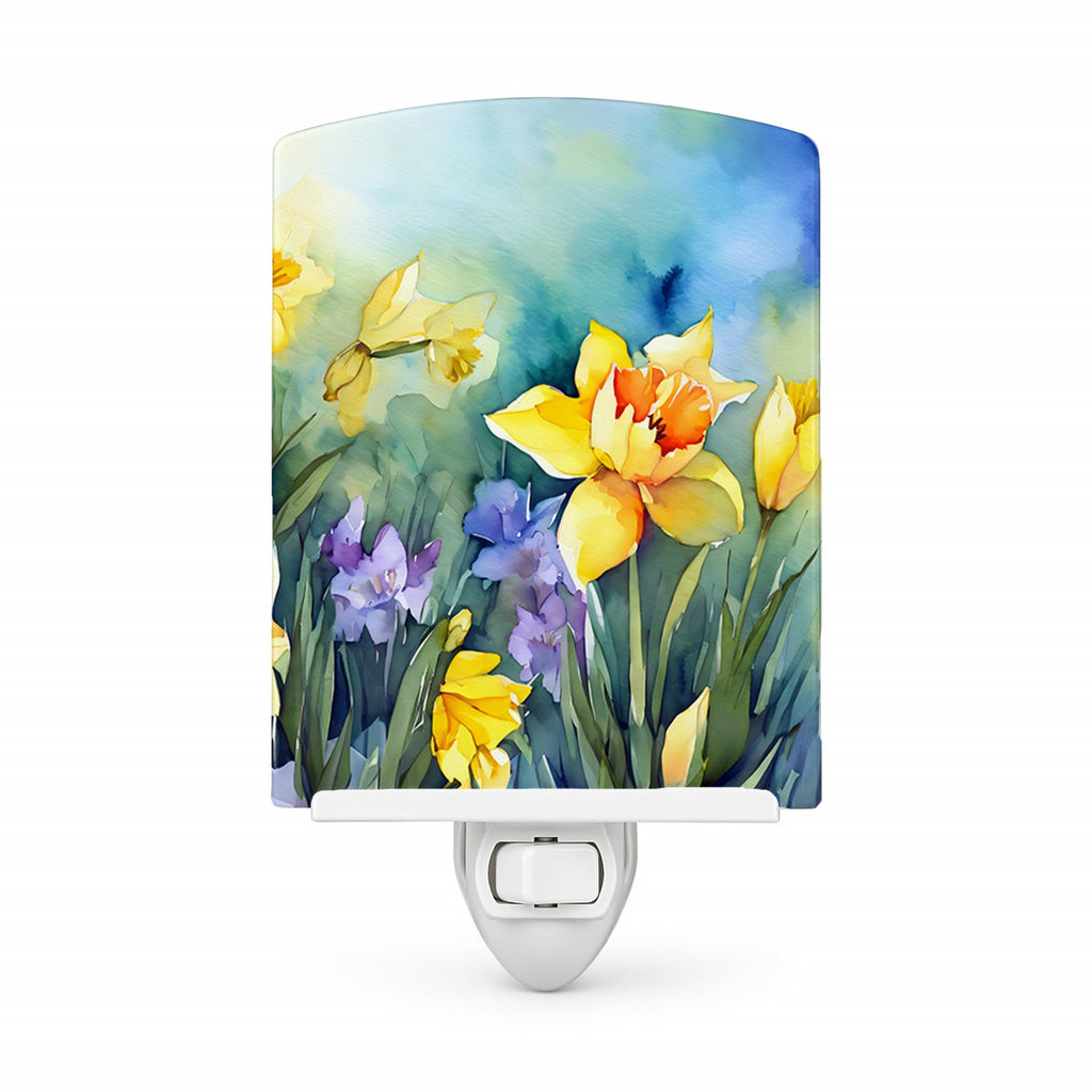 Daffodils in Watercolor Ceramic Night Light Compact, UL-Certified, Ideal for Bedroom, Bathroom, Nursery, Hallway, Kitchen, 6x4x3, Multicolor
