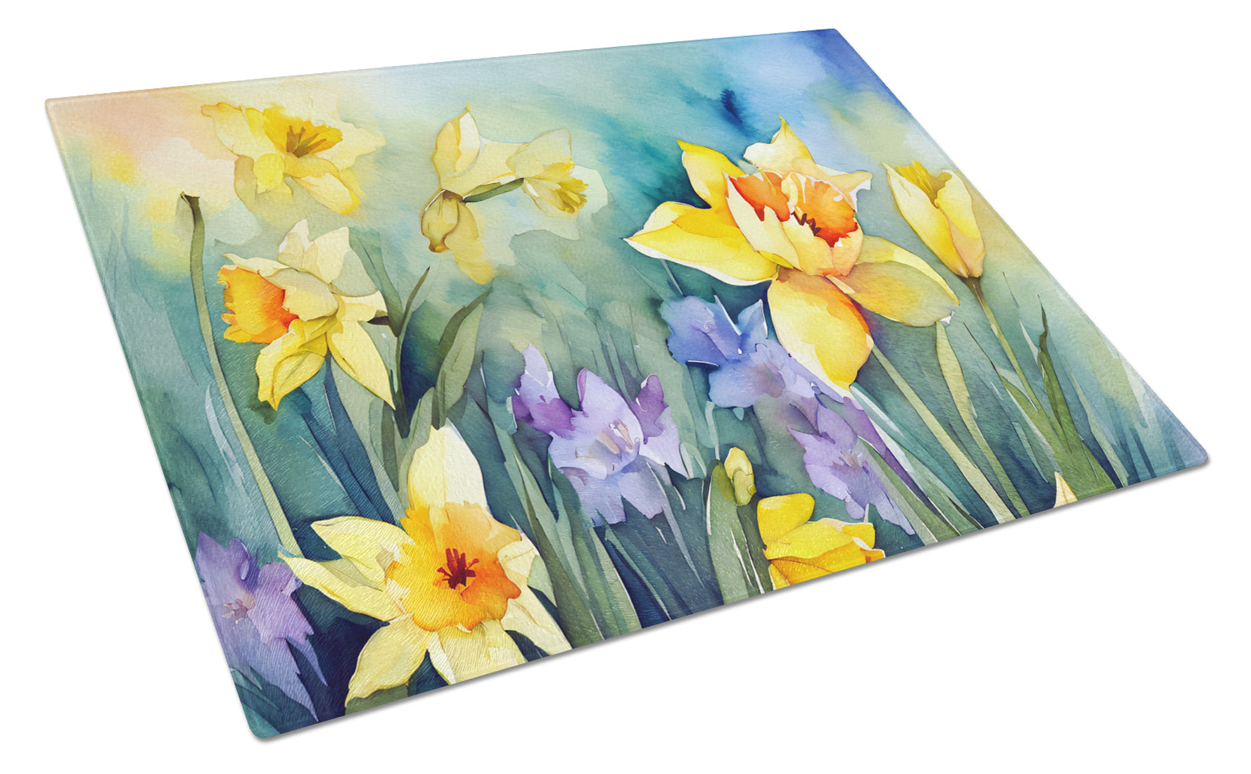 Daffodils in Watercolor Cutting Board Tempered Glass Kitchen Cutting Surface, Heat Resistant Chopping, Non-Slip Feet, Food Prep & Serving