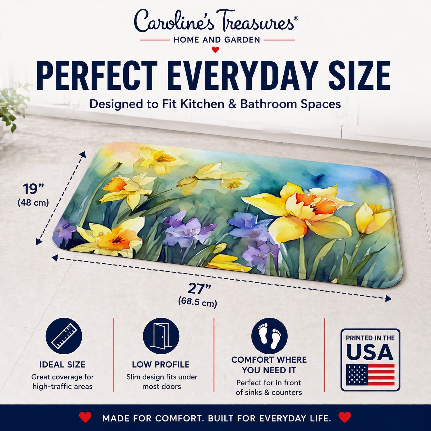 Daffodils in Watercolor Memory Foam Kitchen Mat Machine Washable Anti-Fatigue Cushion Comfort Bath or Kitchen Rug