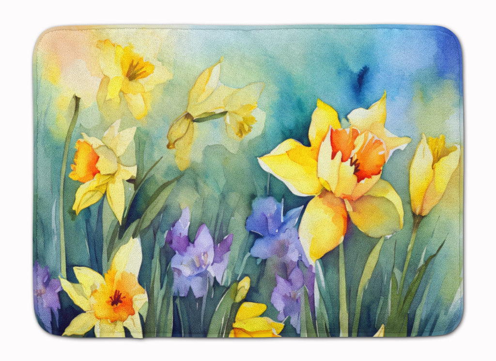 Daffodils in Watercolor Memory Foam Kitchen Mat Machine Washable Anti-Fatigue Cushion Comfort Bath or Kitchen Rug