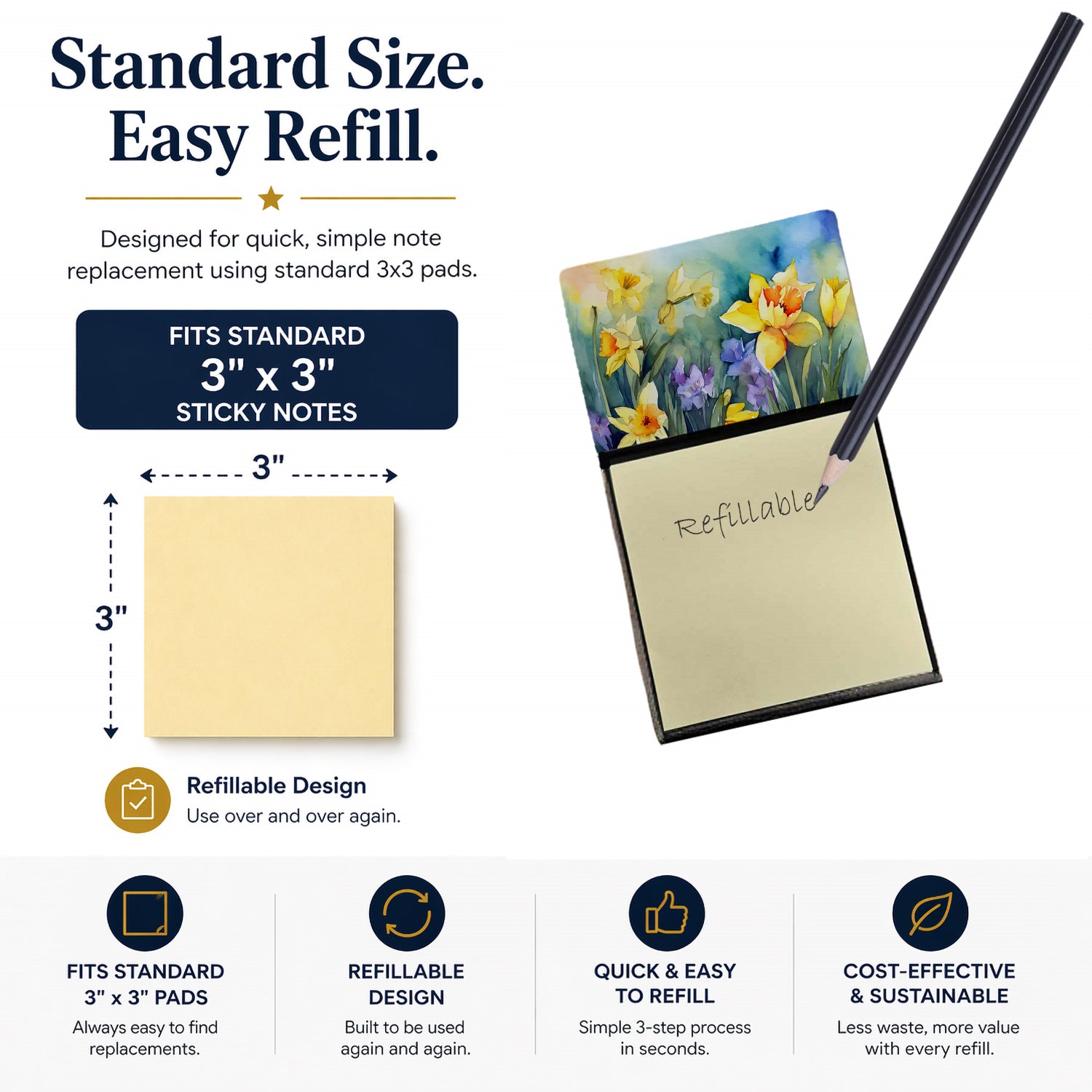 Daffodils in Watercolor Watercolor Sticky Note Holder Refillable Dispenser Desk Accessory 3x3 Pad Gift