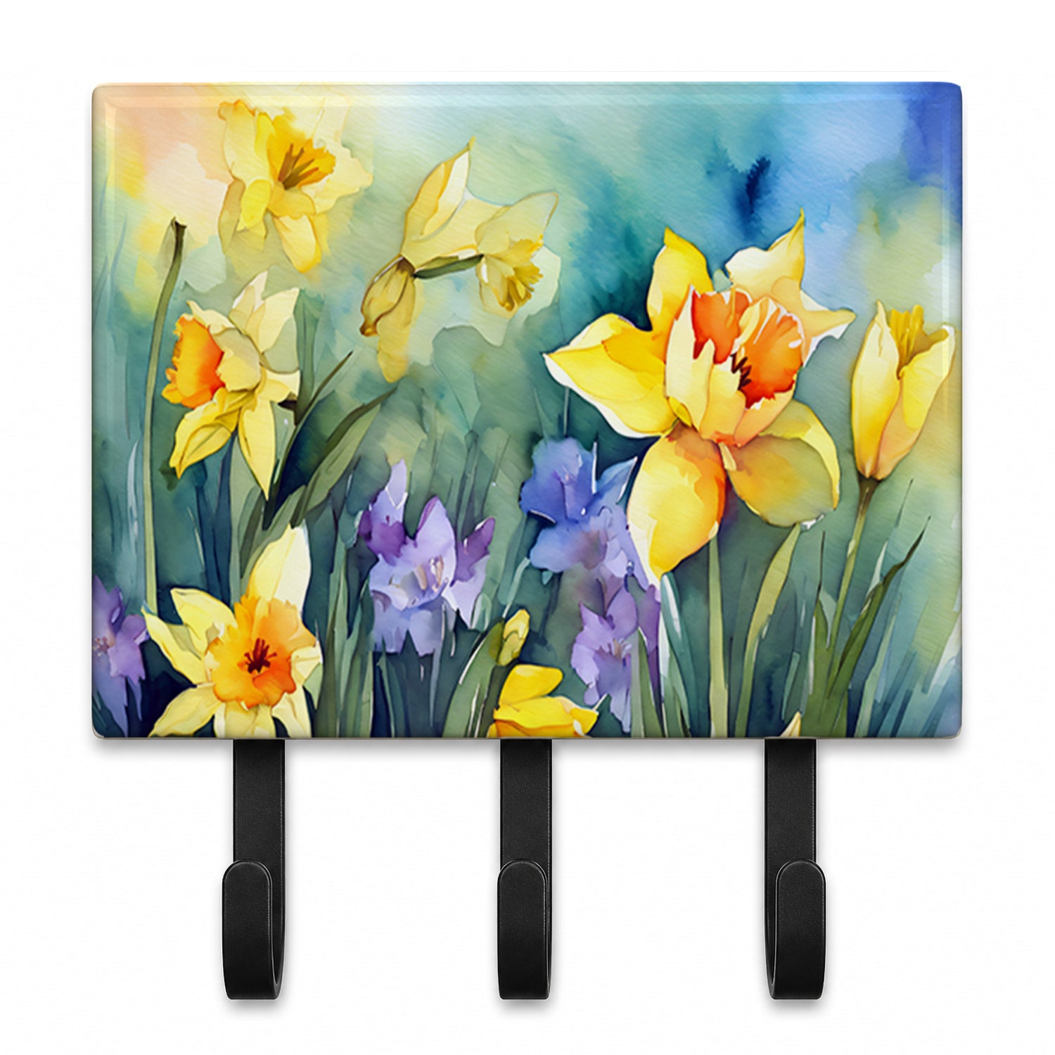 Daffodils in Watercolor Leash or Key Holder Wall Hooks, Coat Rack Wall Mount, for Hanging Keys, Towels, Aprons, Leashes