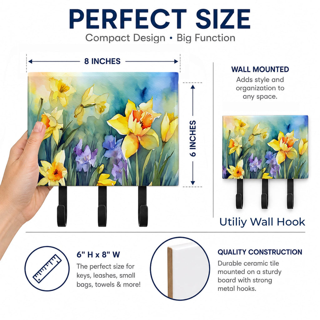 Daffodils in Watercolor Leash or Key Holder Wall Hooks, Coat Rack Wall Mount, for Hanging Keys, Towels, Aprons, Leashes