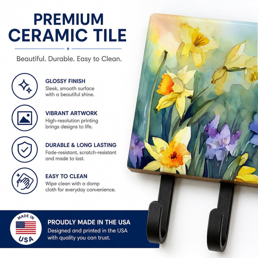 Daffodils in Watercolor Leash or Key Holder Wall Hooks, Coat Rack Wall Mount, for Hanging Keys, Towels, Aprons, Leashes