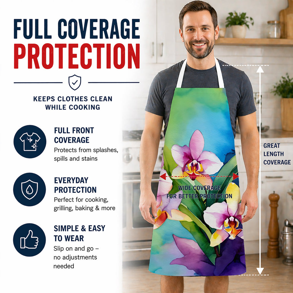 Orchids in Watercolor Apron Cooking Kitchen Server Baking Crafts Gardening for Adult Women Men, Unisex, Large, Multicolor