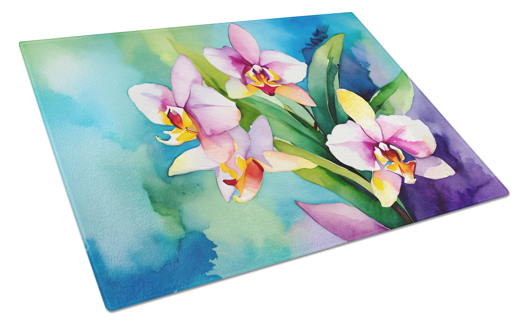Orchids in Watercolor Cutting Board Tempered Glass Kitchen Cutting Surface, Heat Resistant Chopping, Non-Slip Feet, Food Prep & Serving