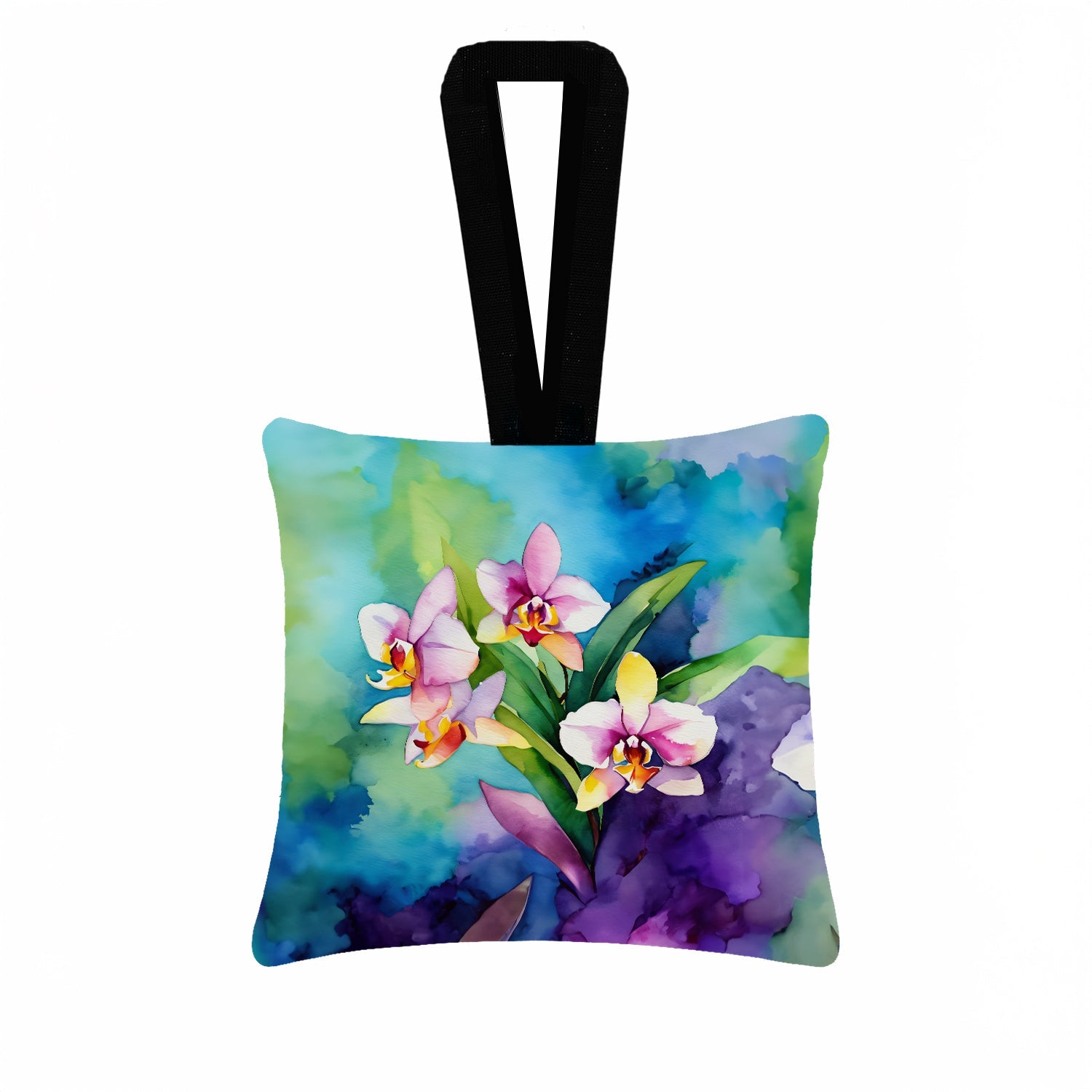 Orchids in Watercolor Hanging Square Fabric Ornament 3.5 × 3.5 Decorative Door-Knob & Tree Hanger, Soft Fabric