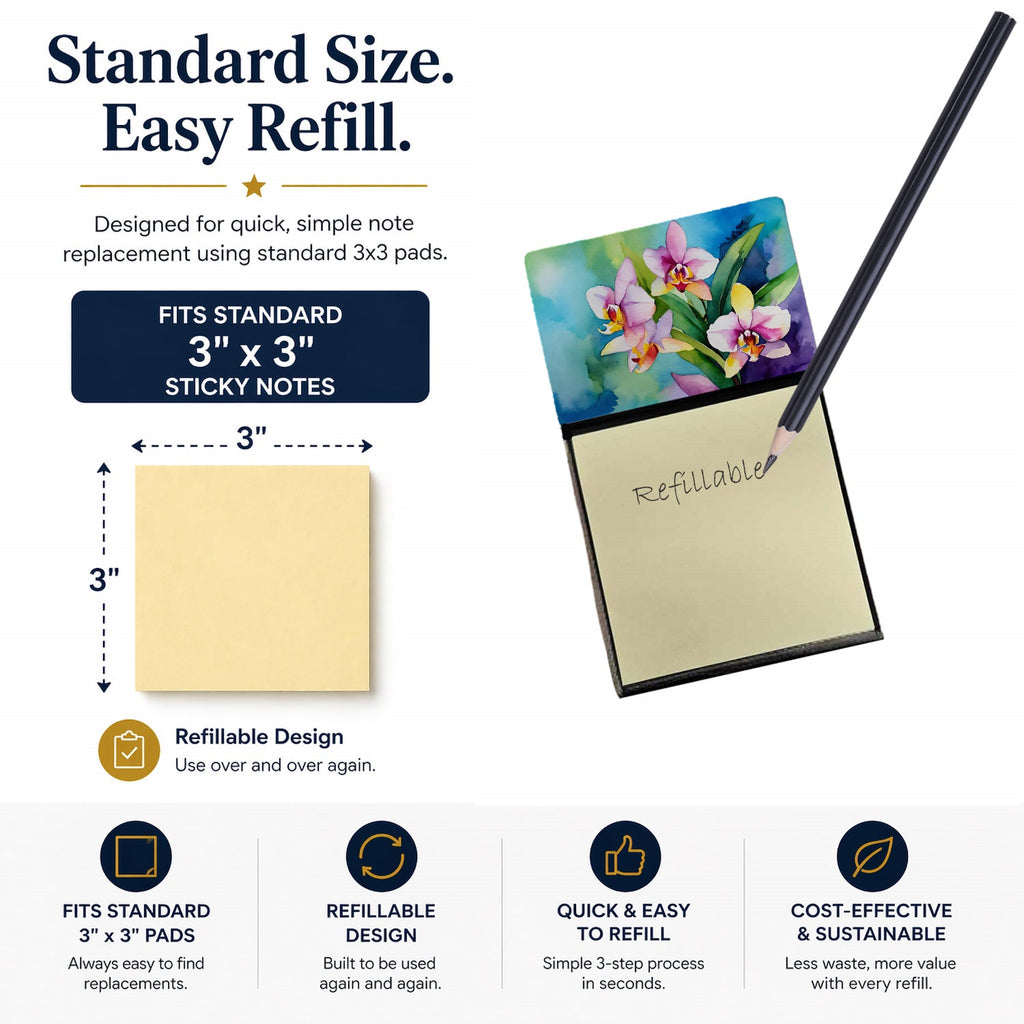 Orchids in Watercolor Watercolor Sticky Note Holder Refillable Dispenser Desk Accessory 3x3 Pad Gift