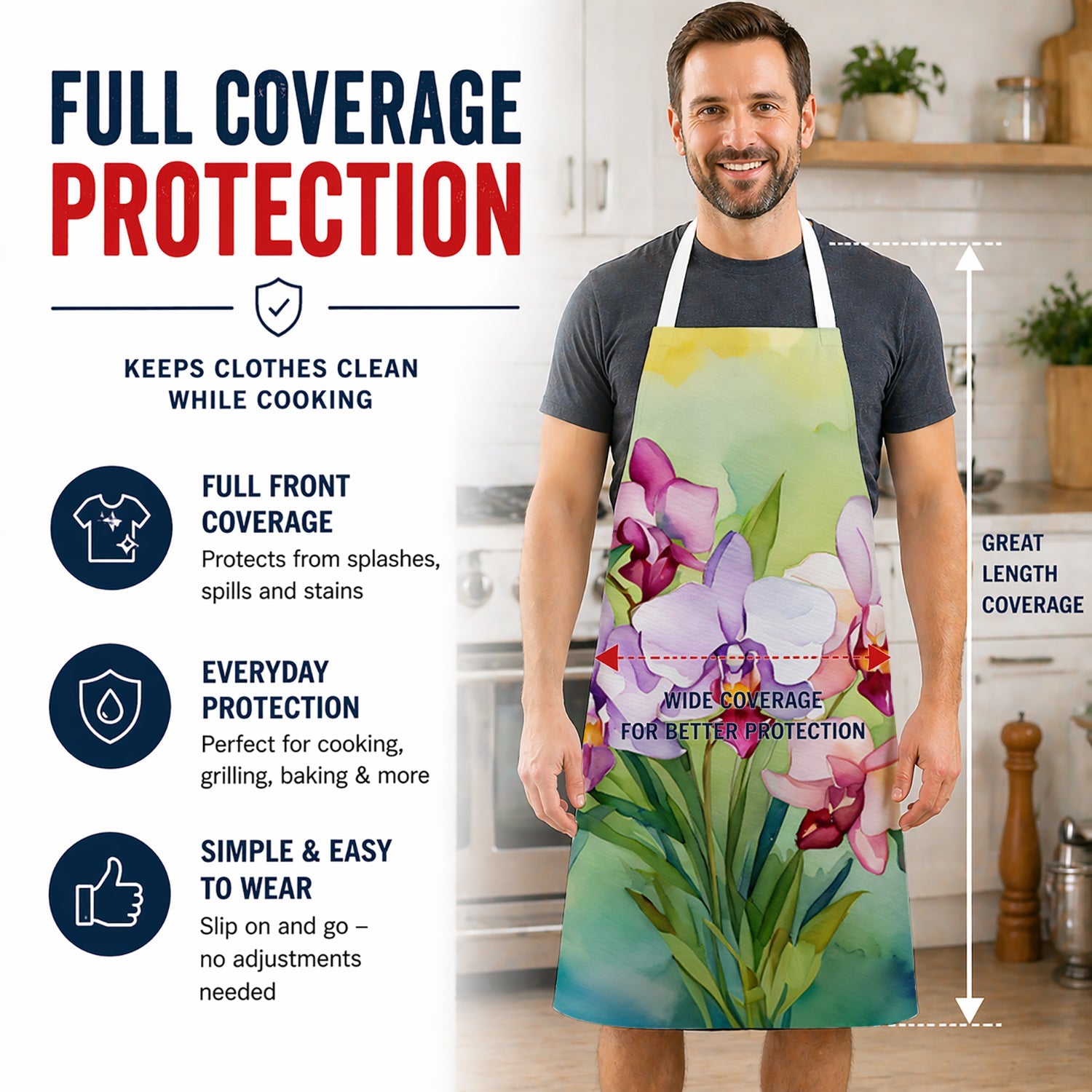 Orchids in Watercolor Apron Cooking Kitchen Server Baking Crafts Gardening for Adult Women Men, Unisex, Large, Multicolor