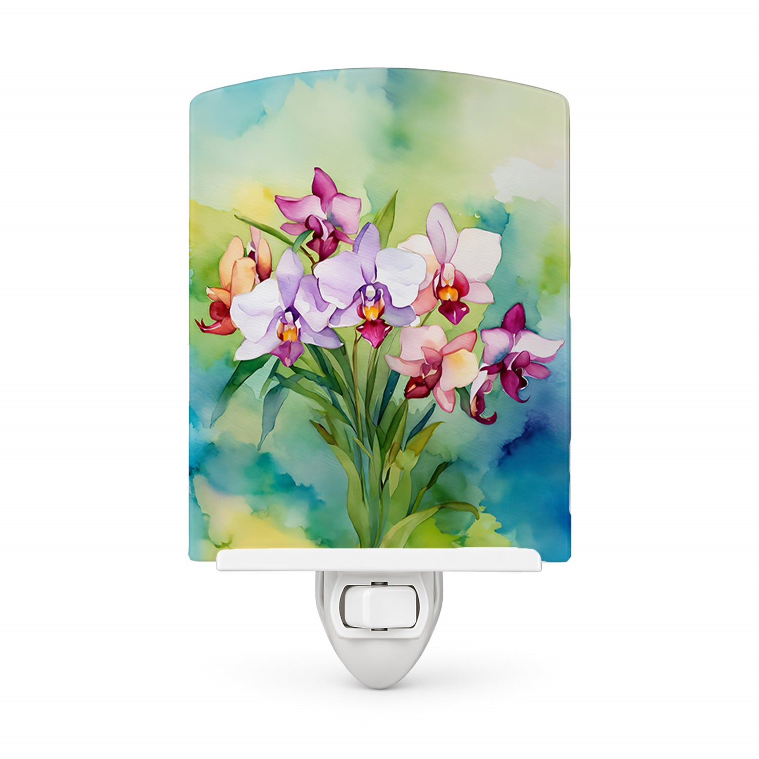Orchids in Watercolor Ceramic Night Light Compact, UL-Certified, Ideal for Bedroom, Bathroom, Nursery, Hallway, Kitchen, 6x4x3, Multicolor