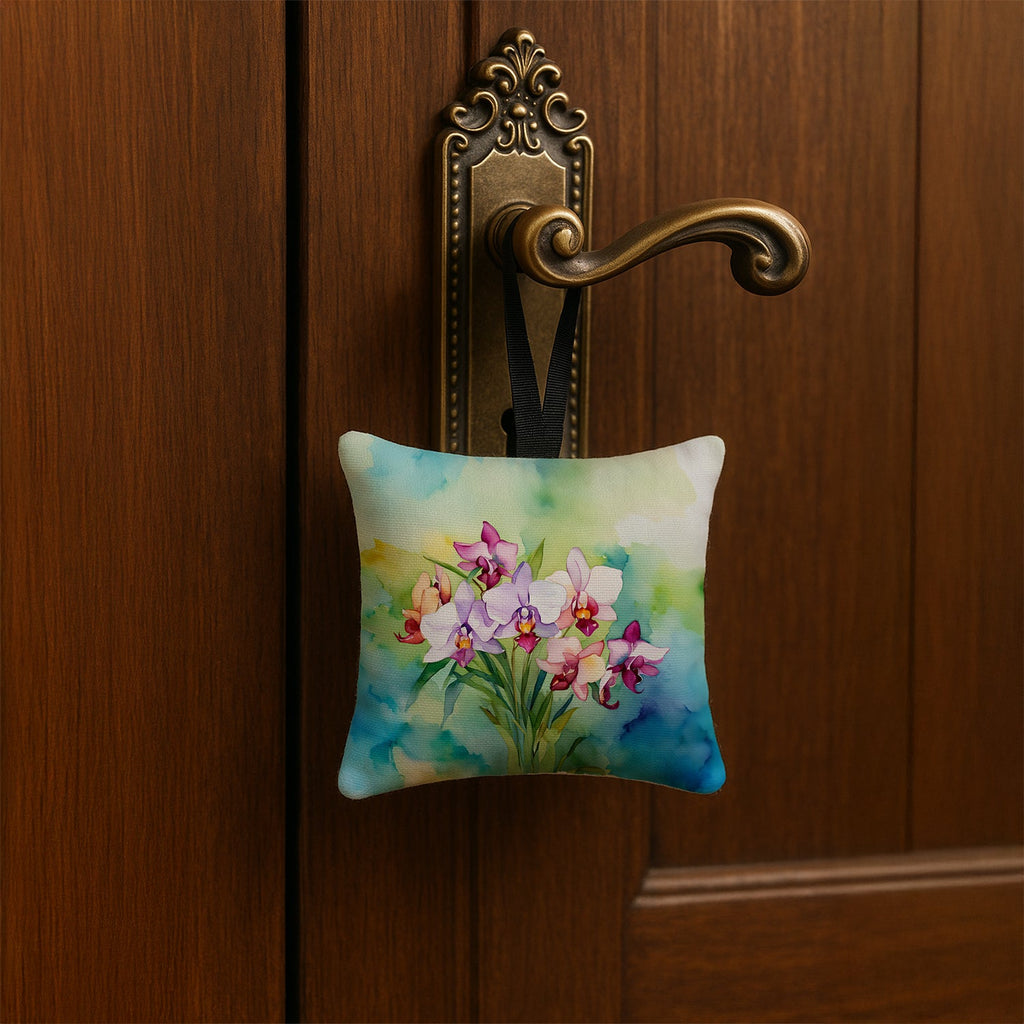 Orchids in Watercolor Hanging Square Fabric Ornament 3.5 × 3.5 Decorative Door-Knob & Tree Hanger, Soft Fabric