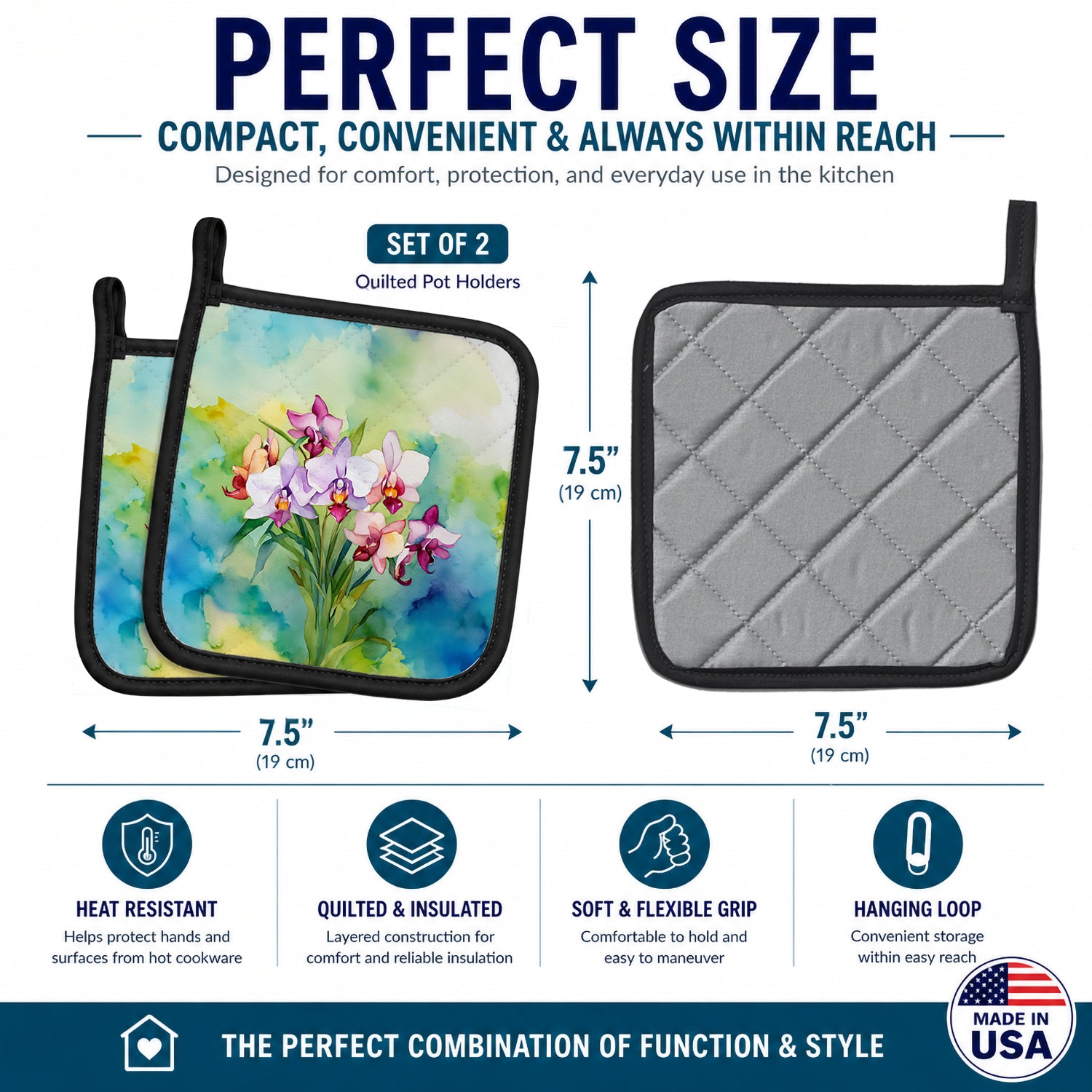 Orchids in Watercolor Pot Holder Set of 2 Heat Resistant Quilted Hot Pads 7.5 x 7.5 Inch, Insulated Kitchen Trivets for Cooking & Baking