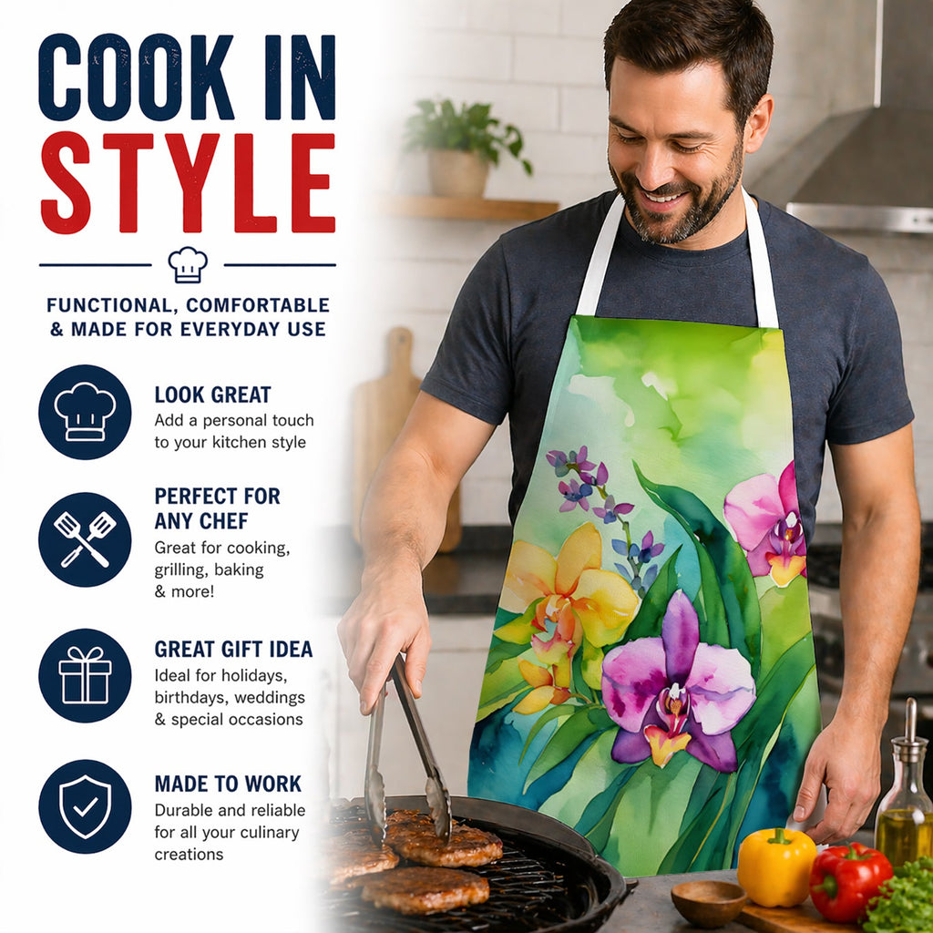 Orchids in Watercolor Apron Cooking Kitchen Server Baking Crafts Gardening for Adult Women Men, Unisex, Large, Multicolor