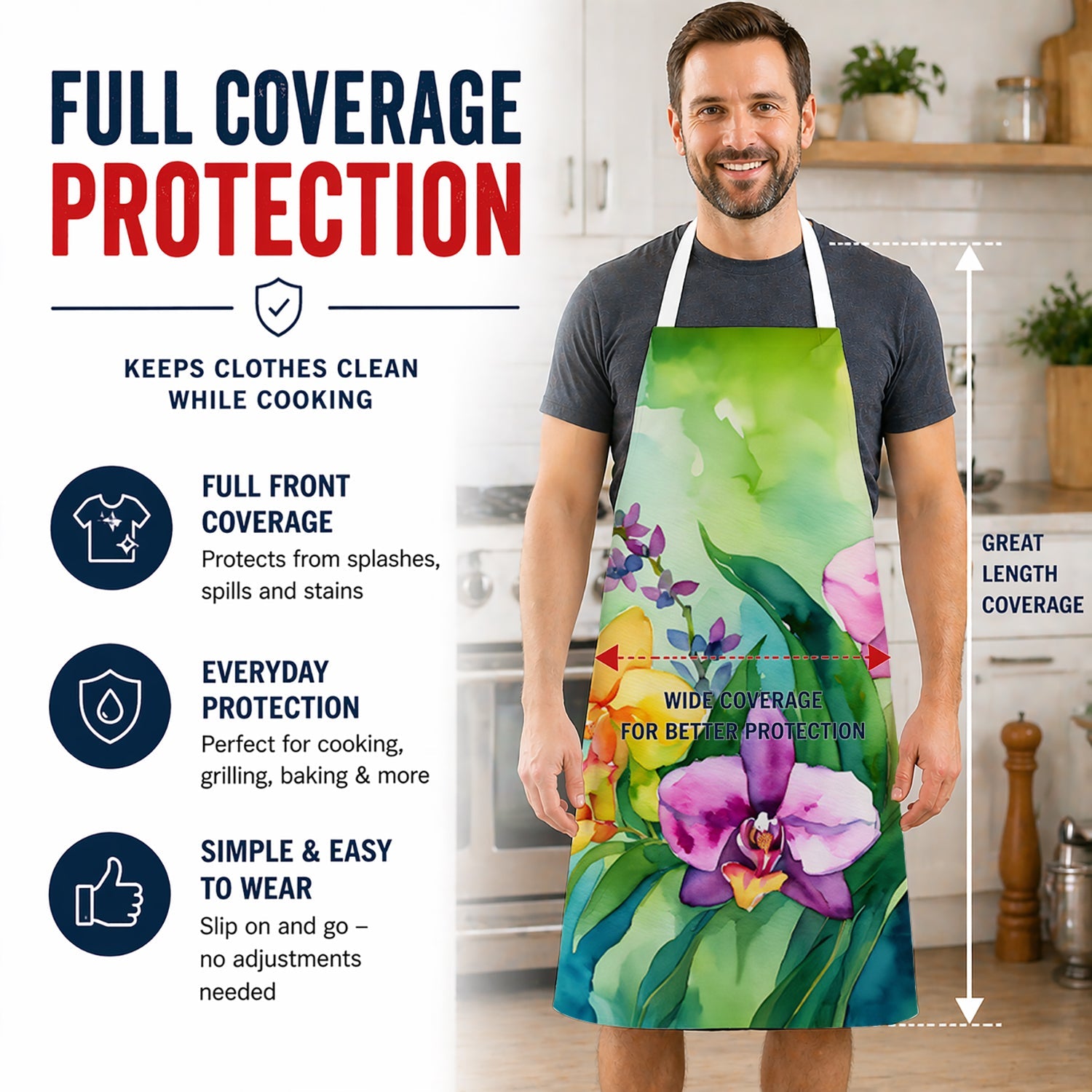 Orchids in Watercolor Apron Cooking Kitchen Server Baking Crafts Gardening for Adult Women Men, Unisex, Large, Multicolor