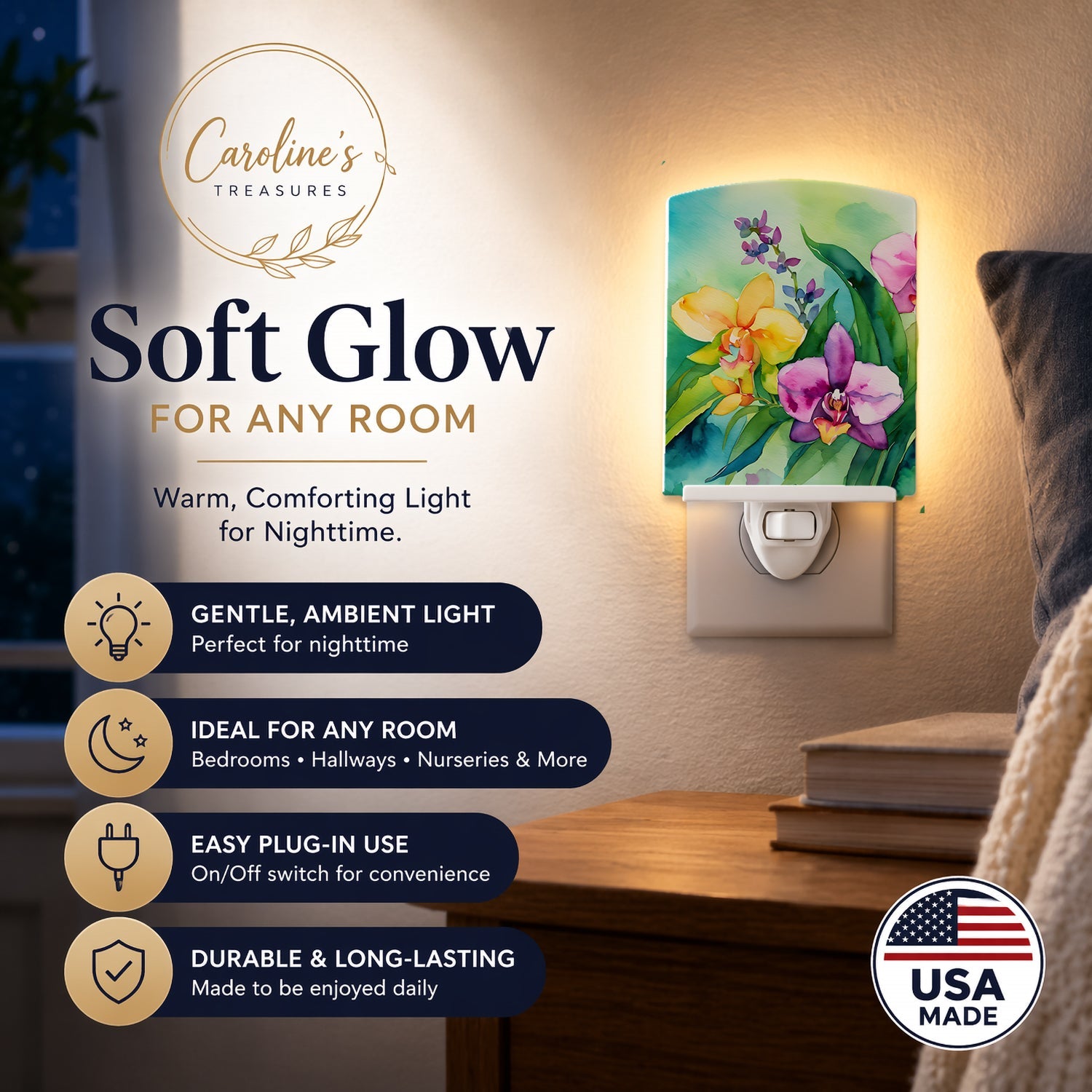 Orchids in Watercolor Ceramic Night Light Compact, UL-Certified, Ideal for Bedroom, Bathroom, Nursery, Hallway, Kitchen, 6x4x3, Multicolor