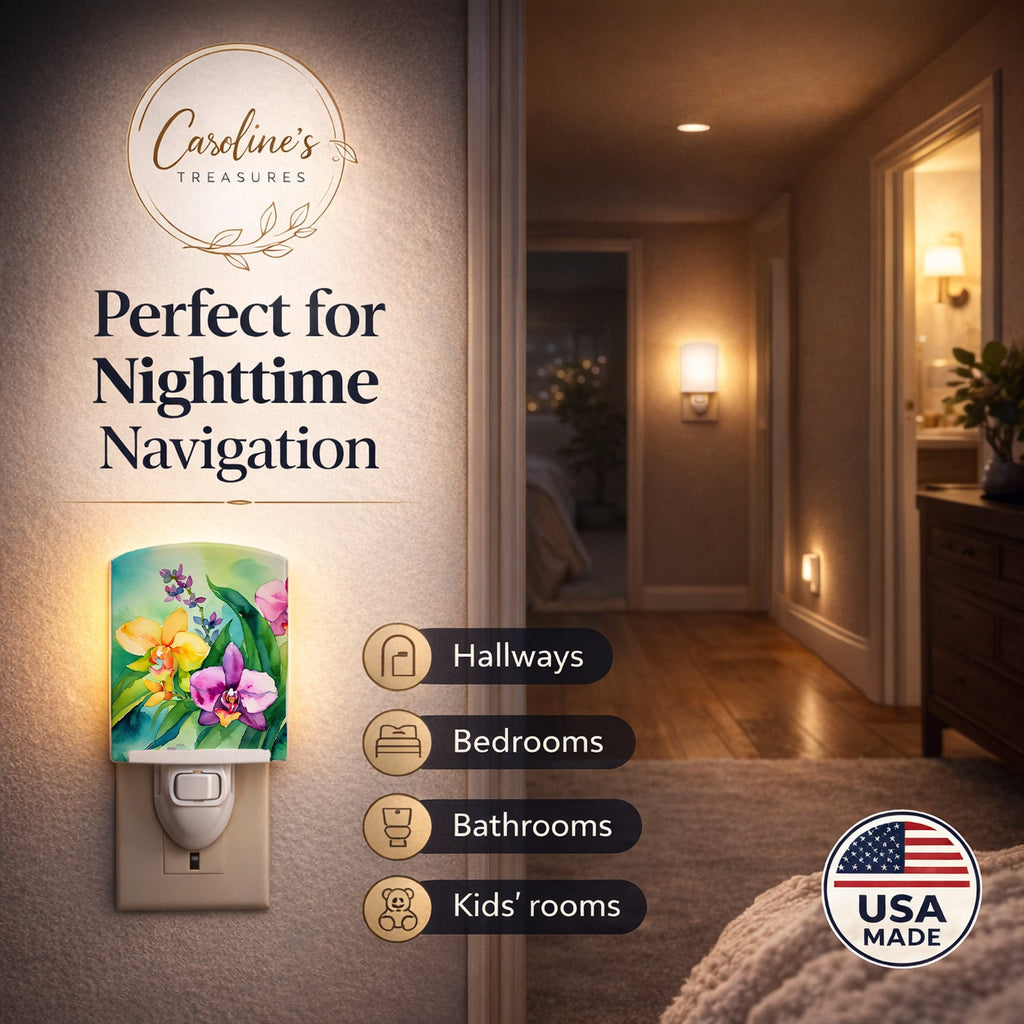 Orchids in Watercolor Ceramic Night Light Compact, UL-Certified, Ideal for Bedroom, Bathroom, Nursery, Hallway, Kitchen, 6x4x3, Multicolor