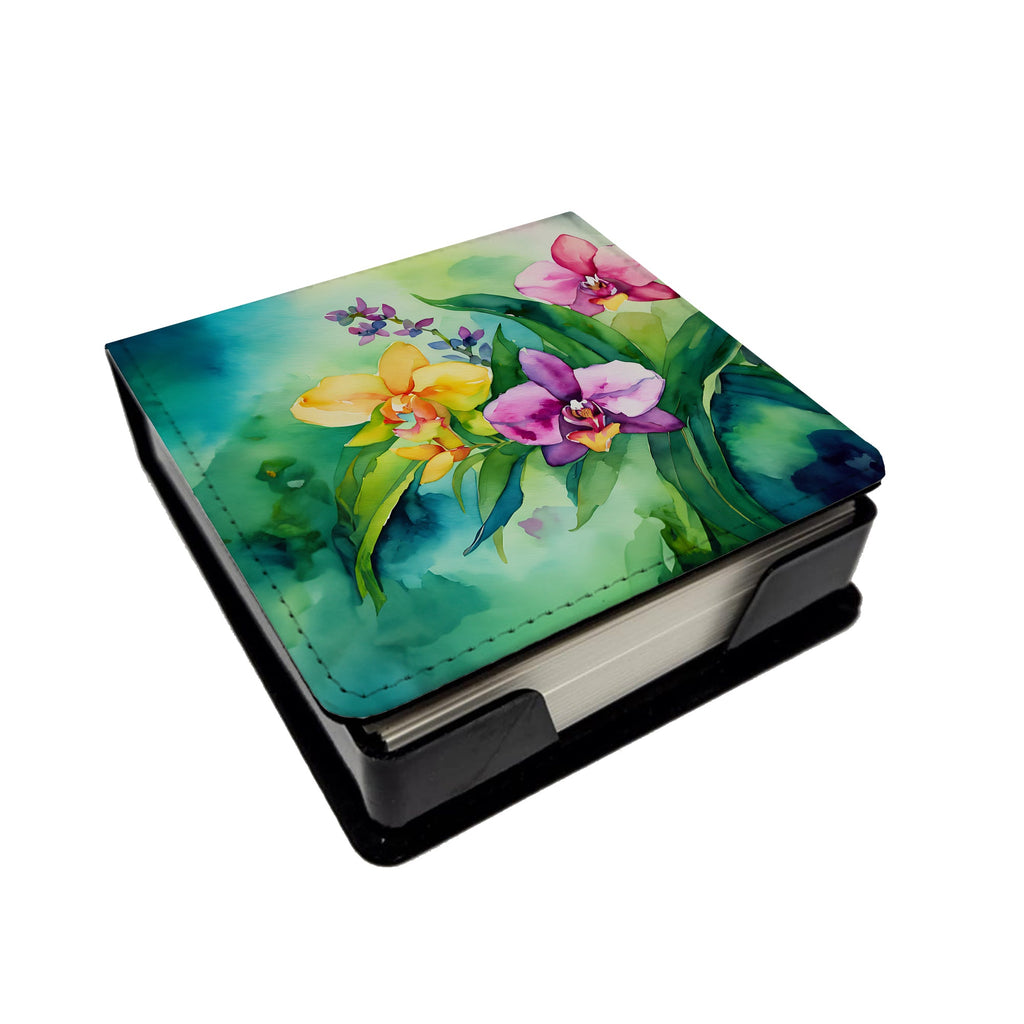 Orchids in Watercolor PU Leather Note Paper Holder with Artist-Designed Cover, Desk Accessory, Office Gift
