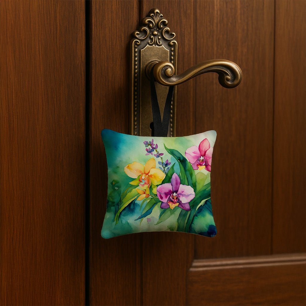 Orchids in Watercolor Hanging Square Fabric Ornament 3.5 × 3.5 Decorative Door-Knob & Tree Hanger, Soft Fabric